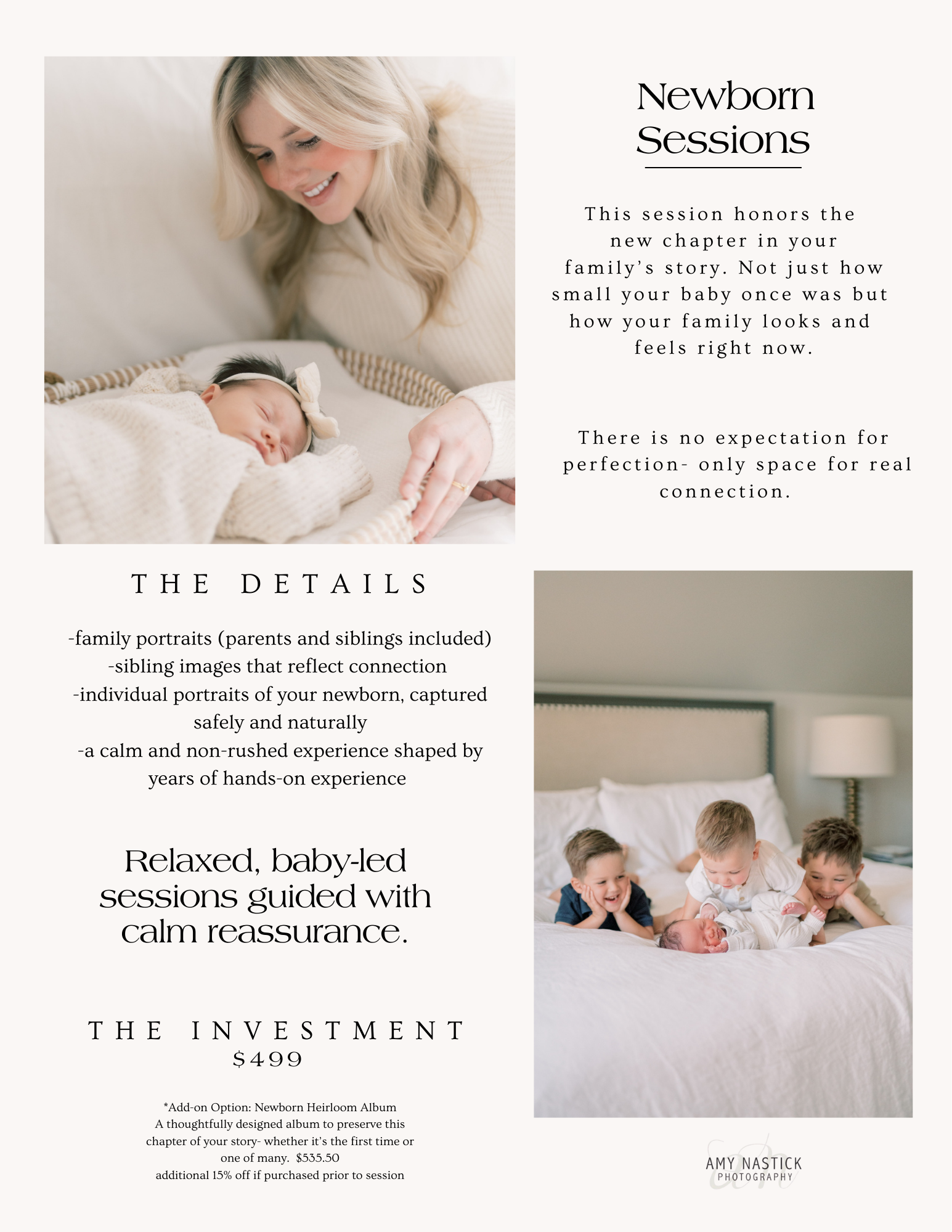 Flyer advertising newborn sessions with a picture of a smiling mother looking at her sleeping baby and another picture of three children with their newborn on a bed.