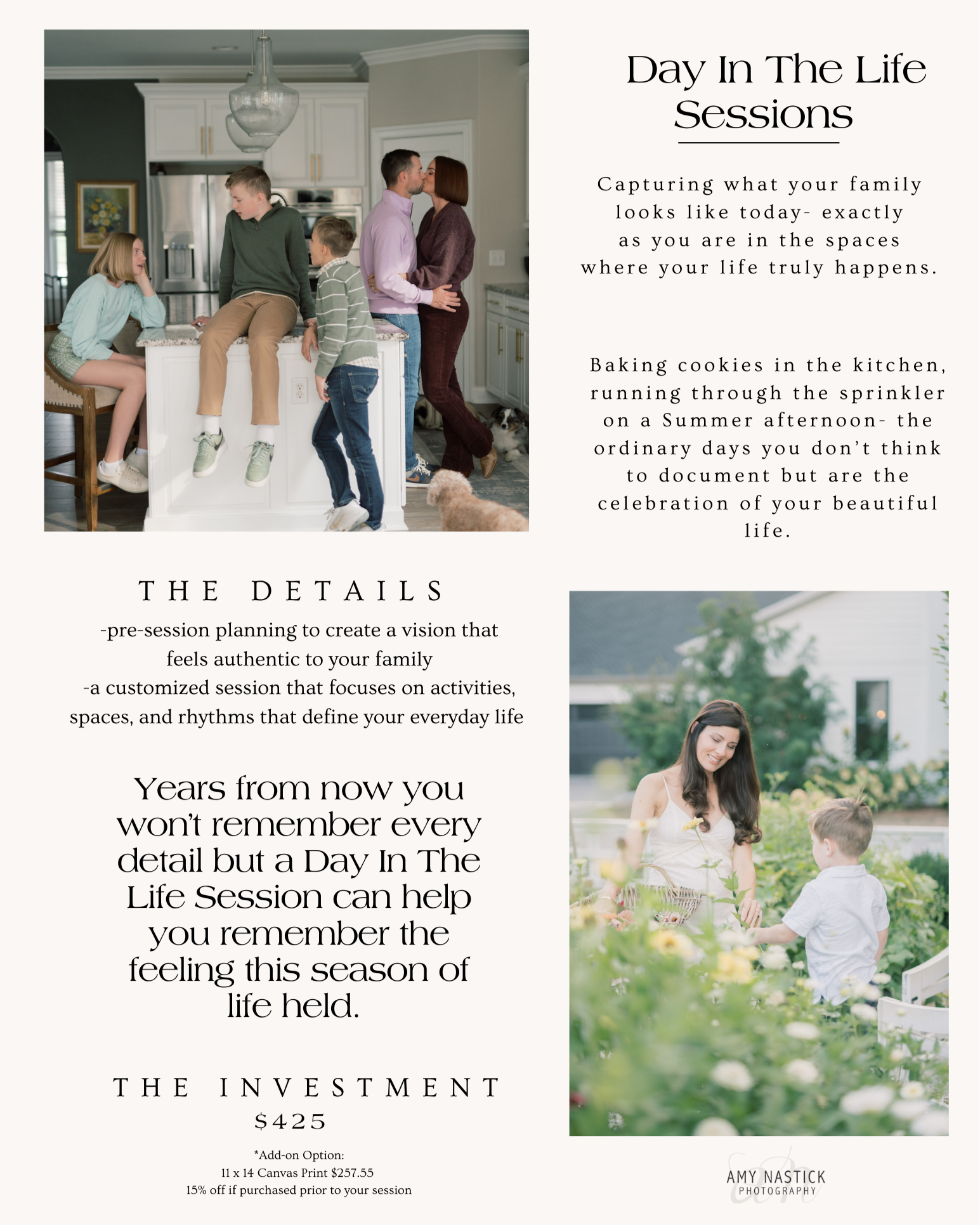 Flyer featuring two photos of families and text promoting a 'Day In The Life' photography session service.