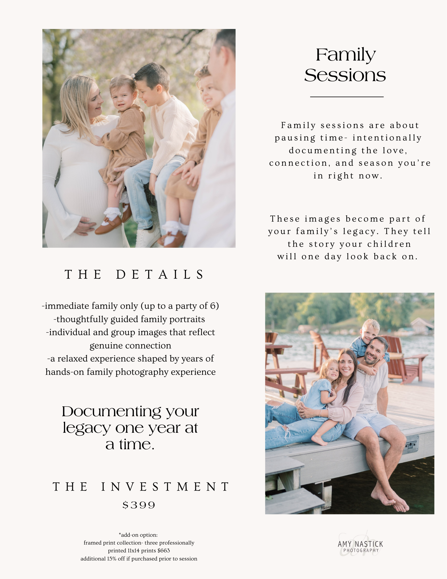 Promotional flyer for family photography sessions featuring images of a family with children outdoors near a lake and in a park, with descriptive text about the sessions and contact information.