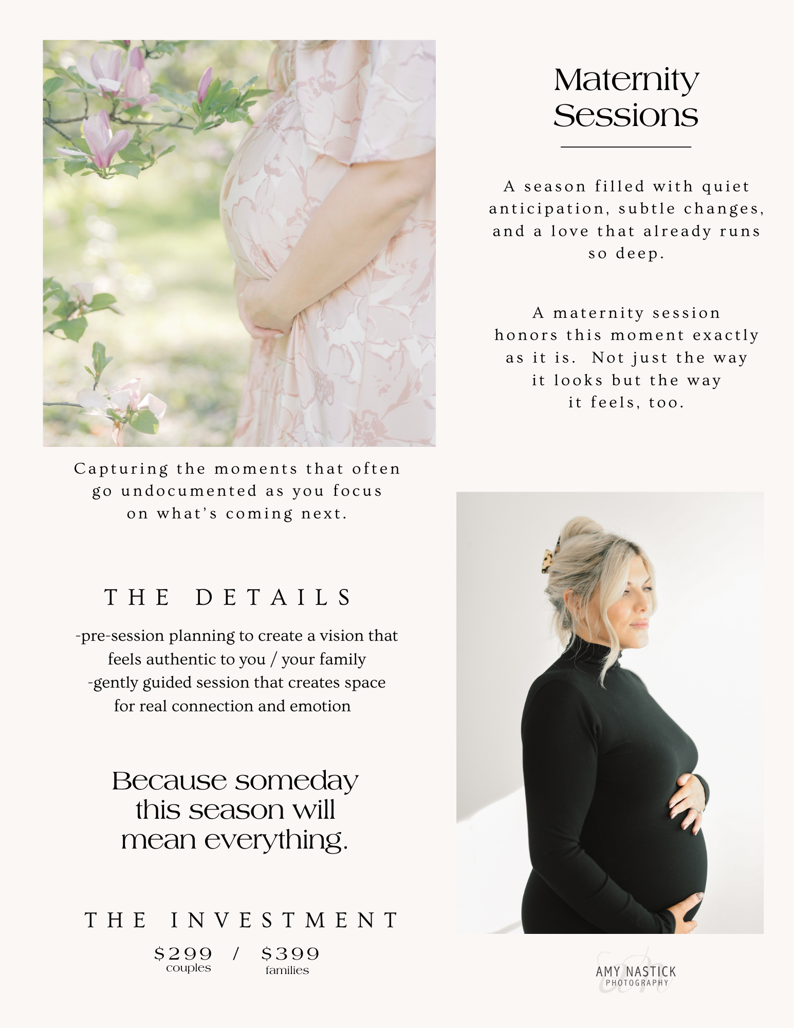 Promotional flyer for maternity sessions featuring a pregnant woman in a black dress with blonde hair on the right, and a close-up of a pregnant belly with pink and white dress in a natural outdoor setting on the left, along with descriptive text about the sessions, pricing, and photographer Amy Nastick.