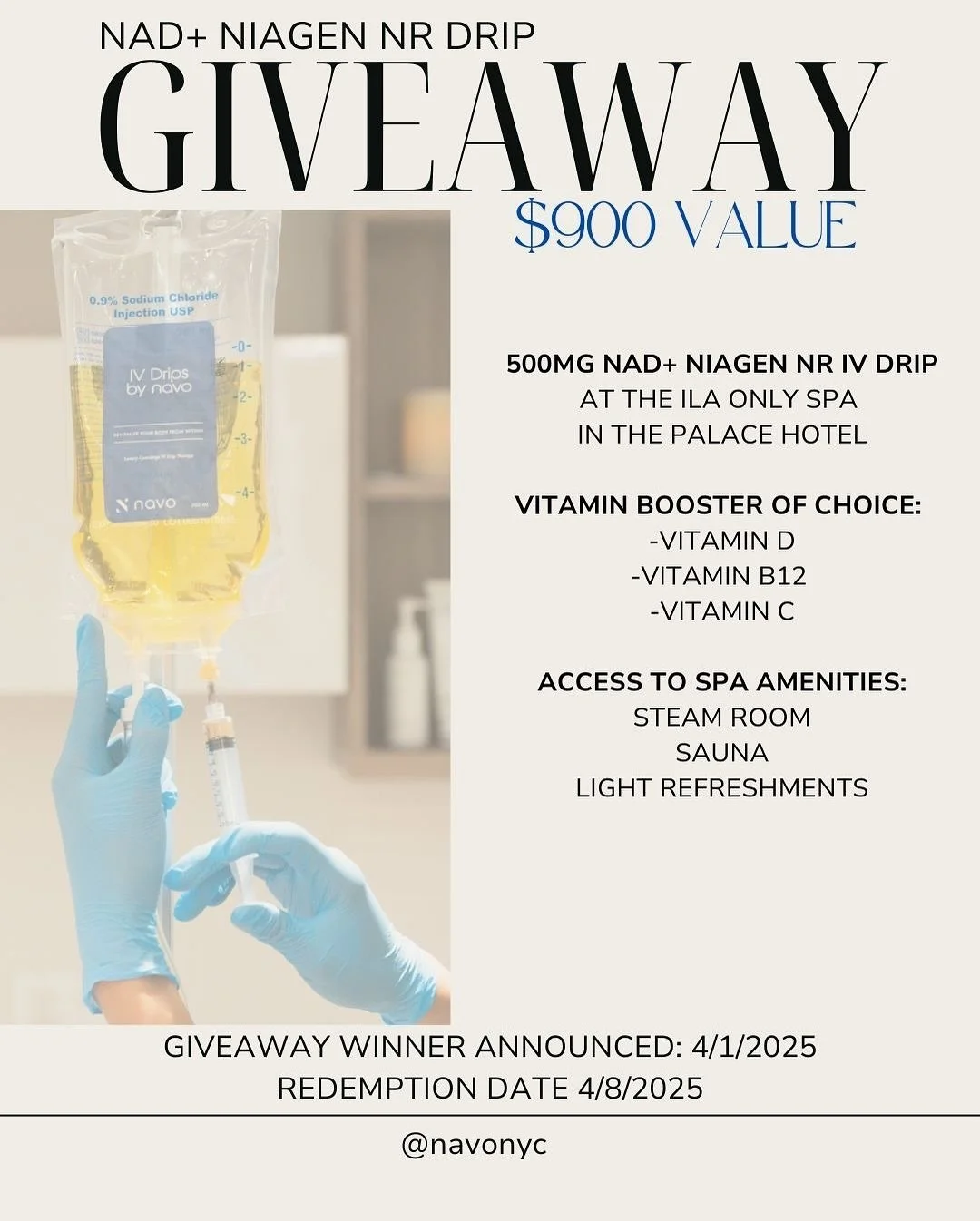 ✨ NIAGEN IV Drip GIVEAWAY ✨

Indulge in ultimate relaxation and rejuvenation with a FREE NIAGEN IV Drip at the luxurious Lotte New York Palace. This exclusive treatment is designed to boost energy, enhance cellular health, and combat fatigue, providi