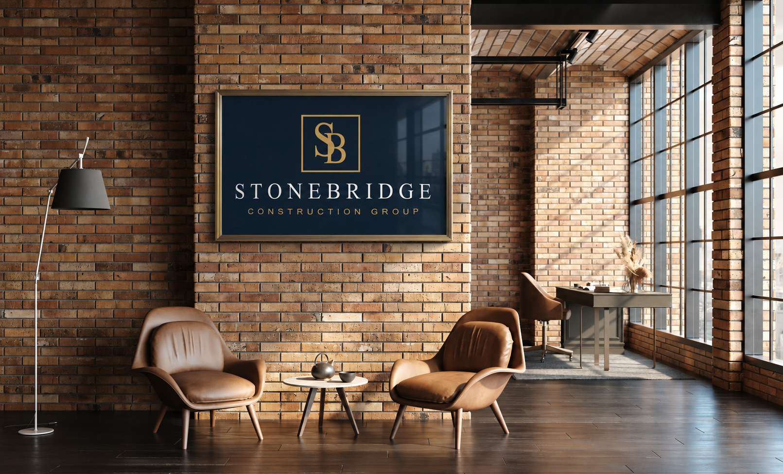 Brand visualization of the Stonebridge Construction Group logo in a brushed brass frame with glass reflections, mounted on an exposed brick wall above leather chairs.