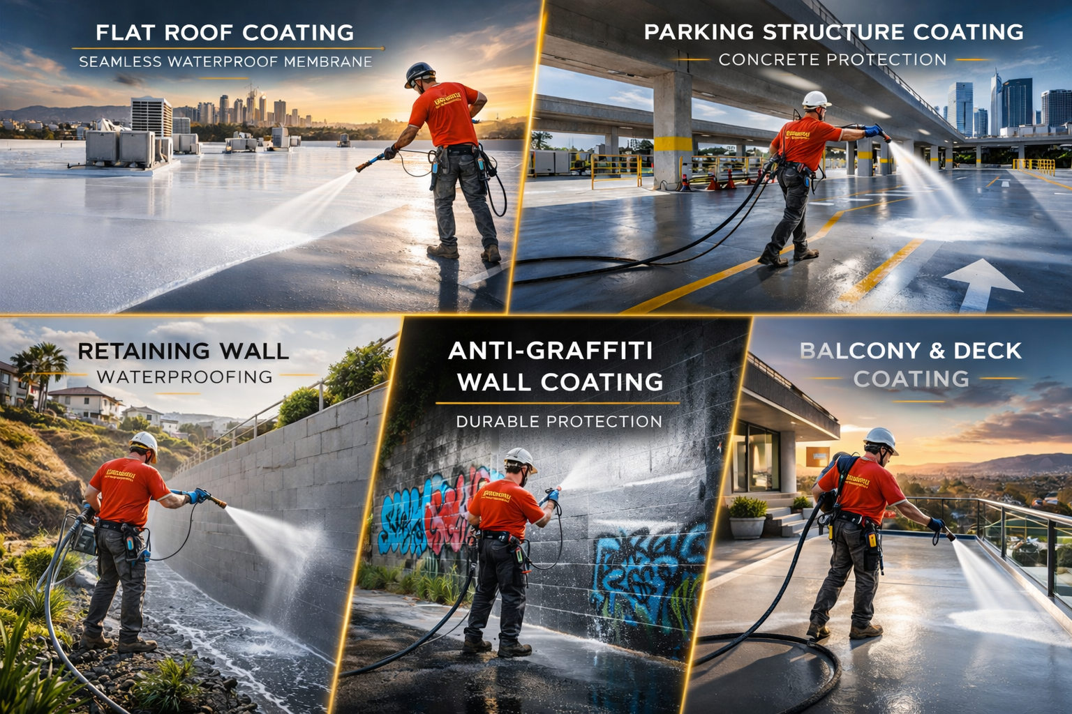 Collage of five images showing a worker in a red shirt and safety gear applying different coatings, including flat roof coating, parking structure coating, retaining wall waterproofing, anti-graffiti wall coating, and balcony and deck coating.