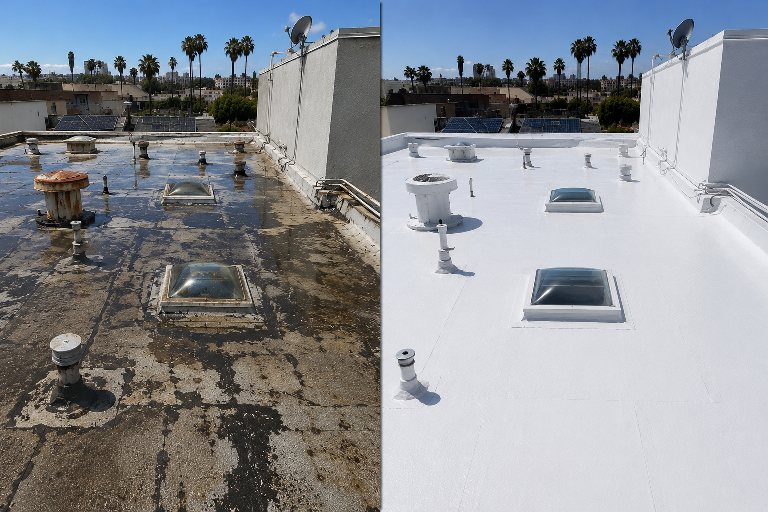 Before and after flat roof restoration featuring ponding water correction, roof repairs, waterproofing, and a seamless reflective coating system that restores and protects the roof without replacement.