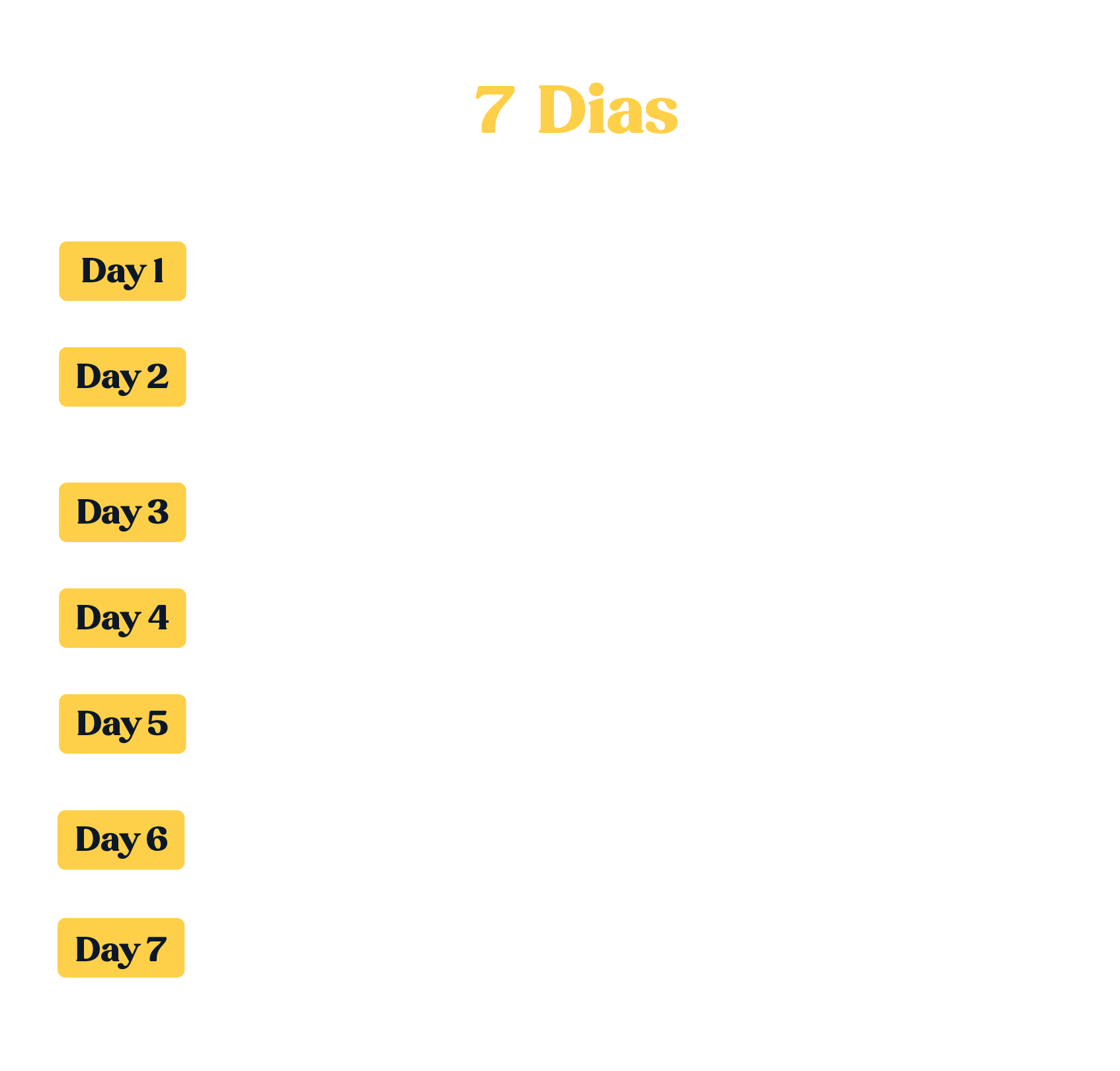 A schedule titled "7 Dias" with days listed from Day 1 to Day 7 on the left side in yellow highlighted buttons, and corresponding blank space to the right for recording information.