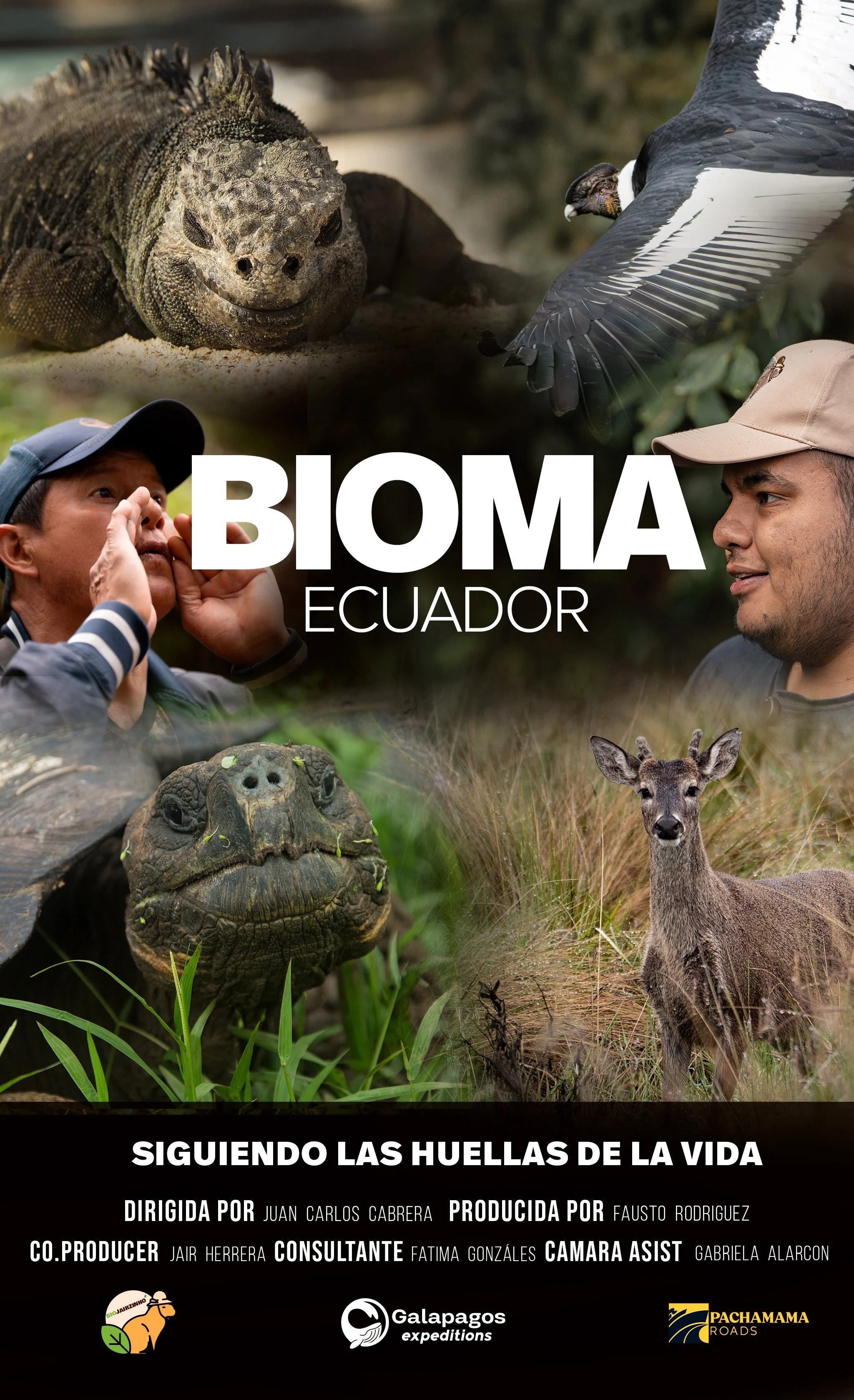 Poster for a documentary titled 'Bioma Ecuador' showing wildlife in Ecuador, including an iguana, an Andean condor, and a deer. It features images of people and text about the film's crew and sponsors.