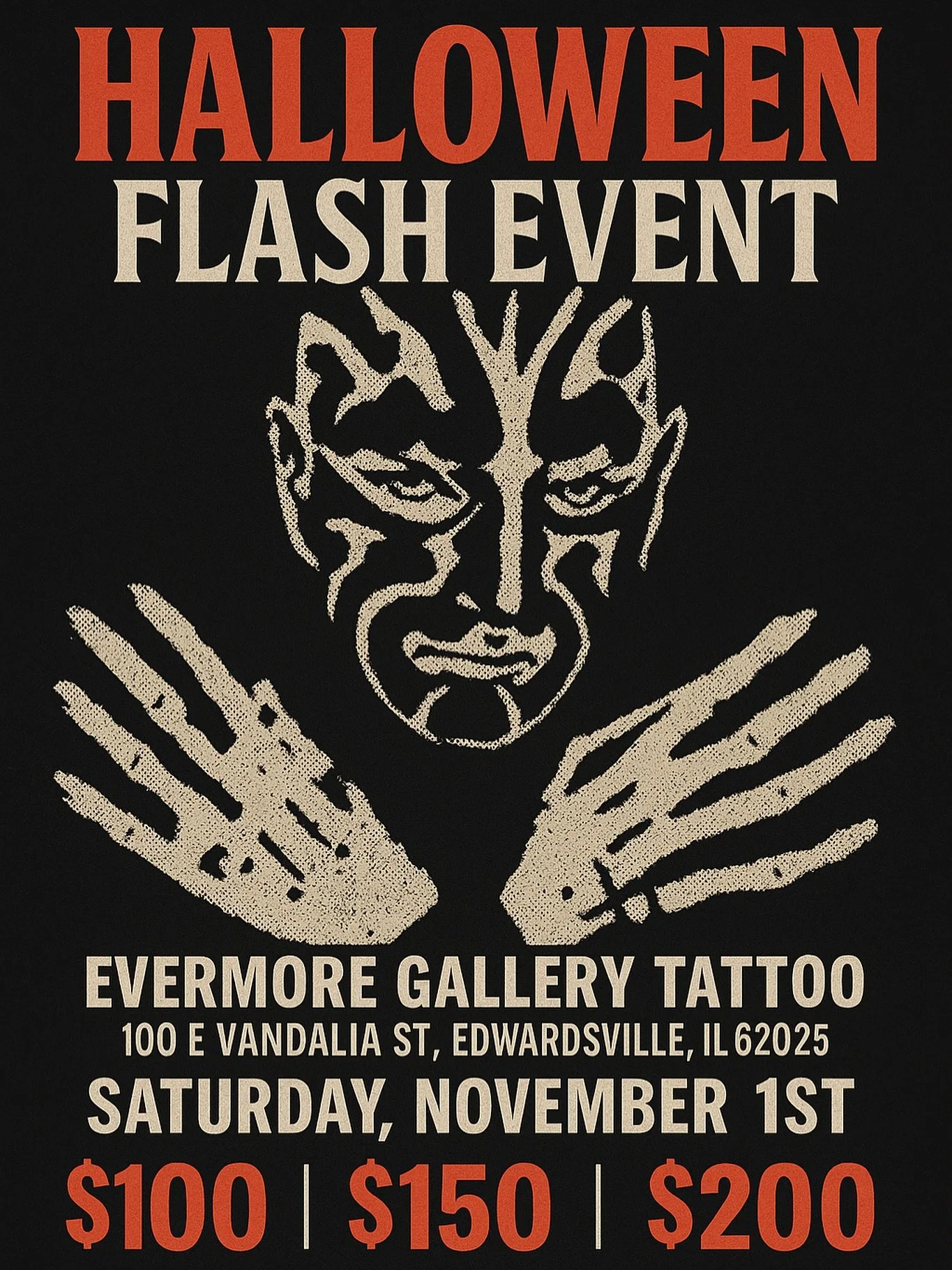 🎃🕷 HALLOWEEN FLASH EVENT at EVERMORE GALLERY TATTOO 🕷🎃

Get spooky and snag a killer tattoo this Saturday, November 1st from 12&ndash;9PM!
We&rsquo;ll have limited Halloween flash designs starting at $100 | $150 | $200 &mdash; all first-come, fir