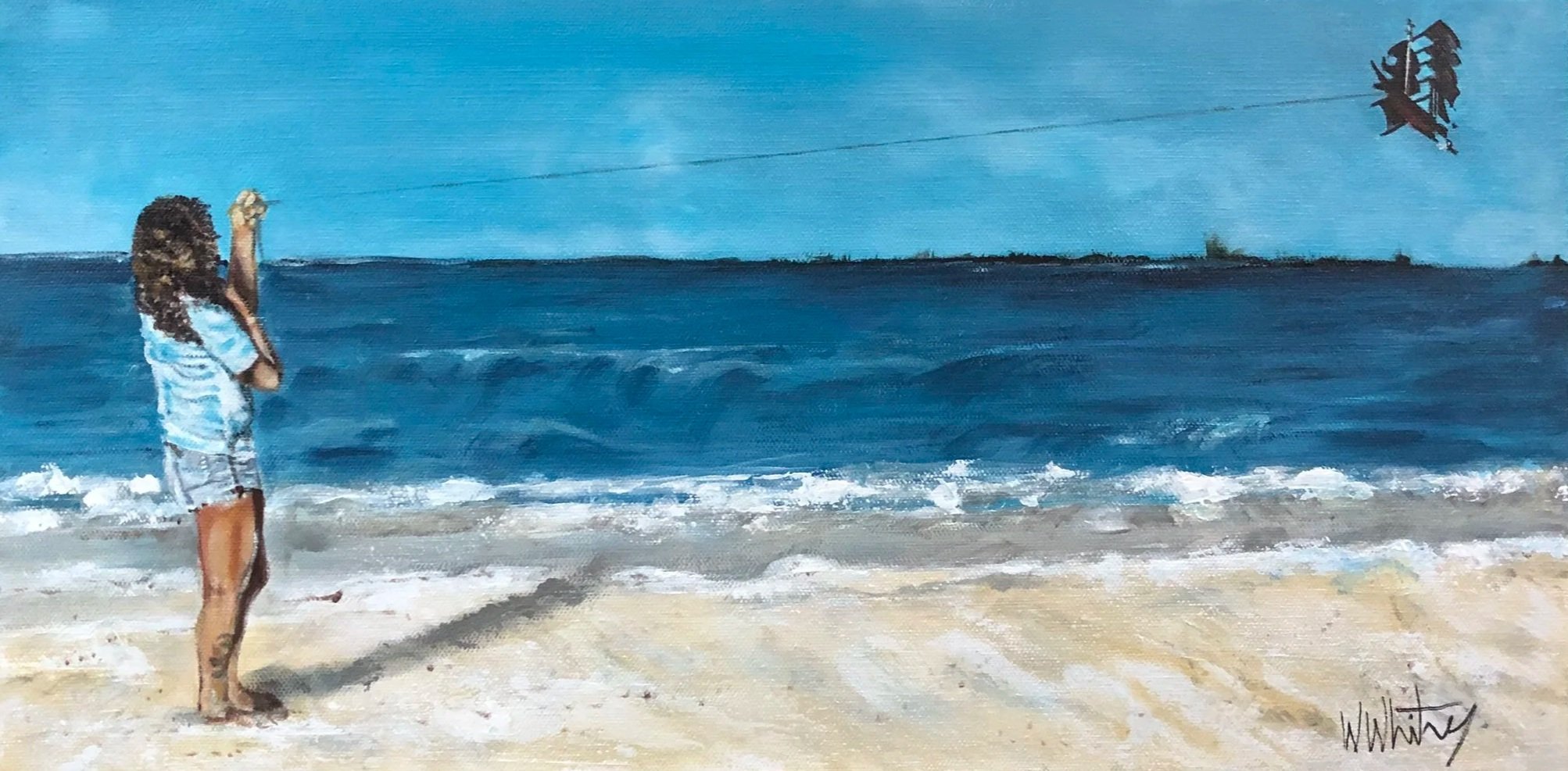 Commission Piece "Kite Flying on a Beach" 20"x10" SOLS