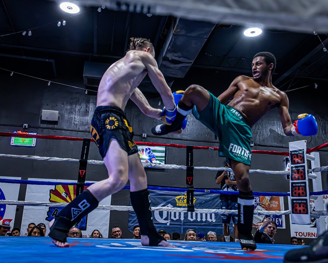 Amateur kickboxer Sofi Sherefa competing in a kickboxing match for our competition team.