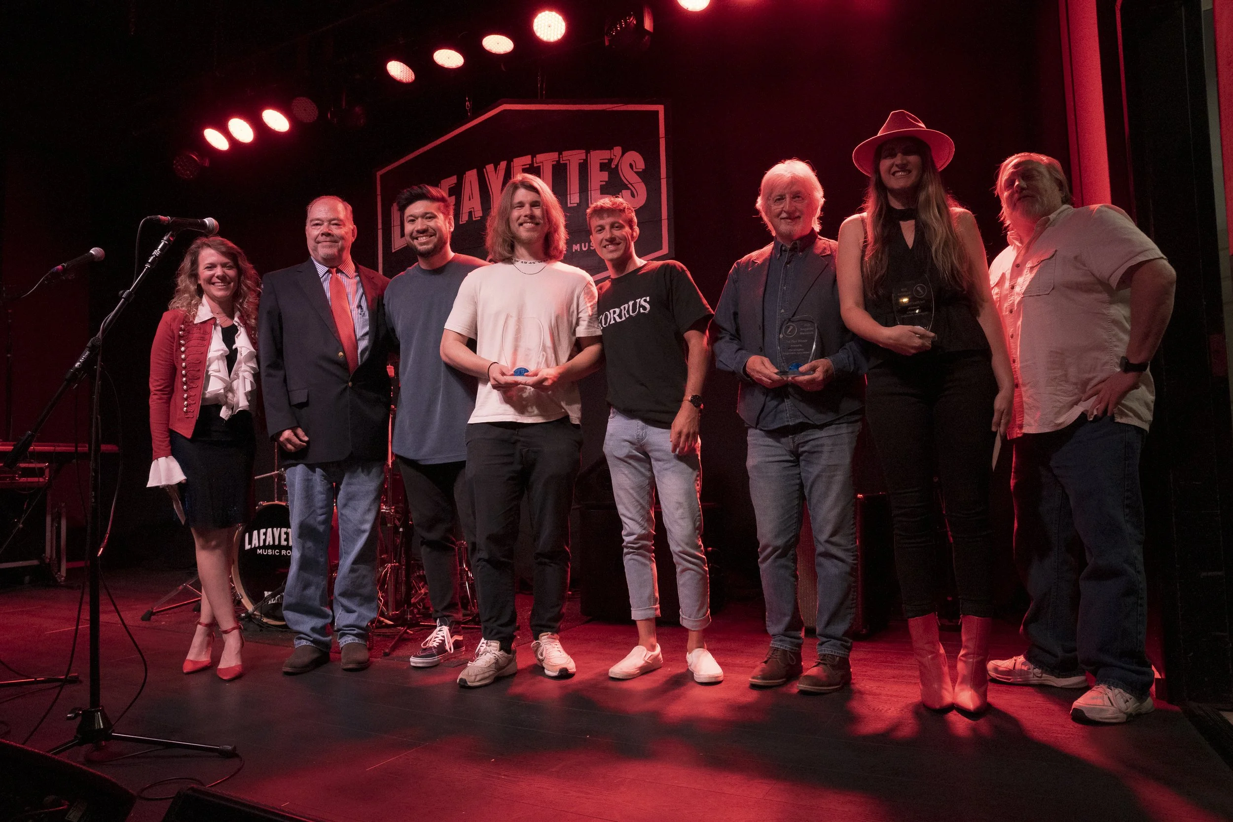 Left to Right: Amber Rae Dunn (MSA VP), Mark Parsell (MSA President), Korrus 1st Place (Andrew Park, Johnny Fedorenko, Tristin Harris), Dutch Vanderpool 2nd Place, Shara Matlock 3rd Place, Joe Matthews (MSA Board)