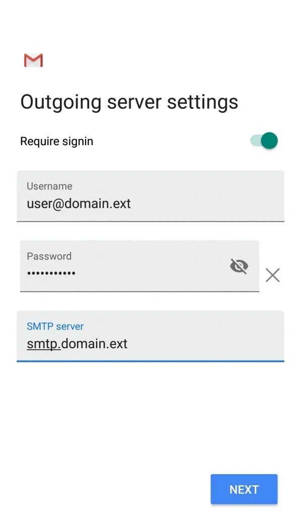 Step 7. Populate the necessary fields accordingly:
Username: Enter your full email address here (ex: myemail@mgwnet.com).
Password: Enter the password for your email account.
IMAP server: Enter  smtp.mgwnet.com.
Tap Next to continue. Step 8. Sele