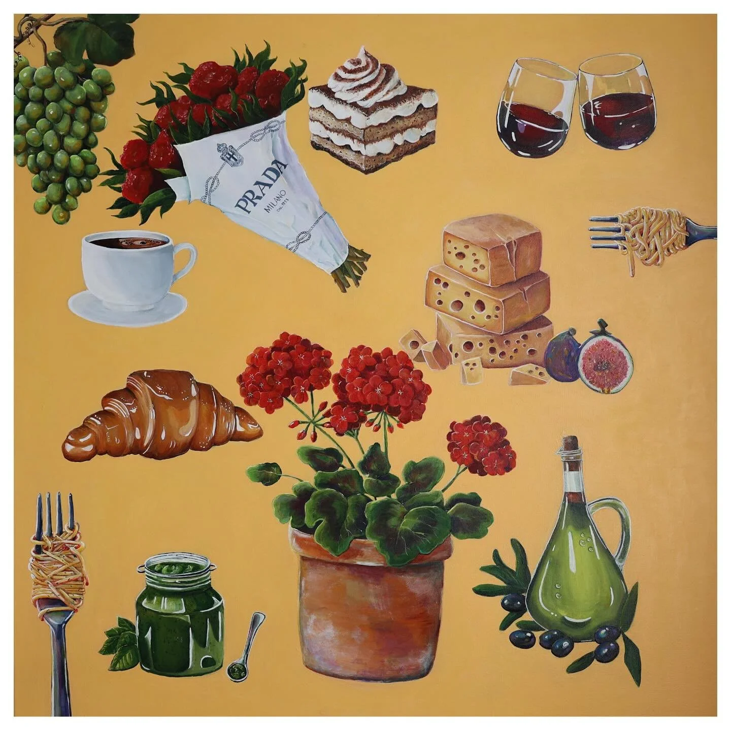 AVAILABLE 

One sq meter of indulgence.

&ldquo;Milano&rdquo; 

Original Acrylic painting &mdash; Italian still life on golden ochre background

Description:
A generous arrangement of Italian staples &mdash; aged cheese, pasta, olive oil, espresso, w
