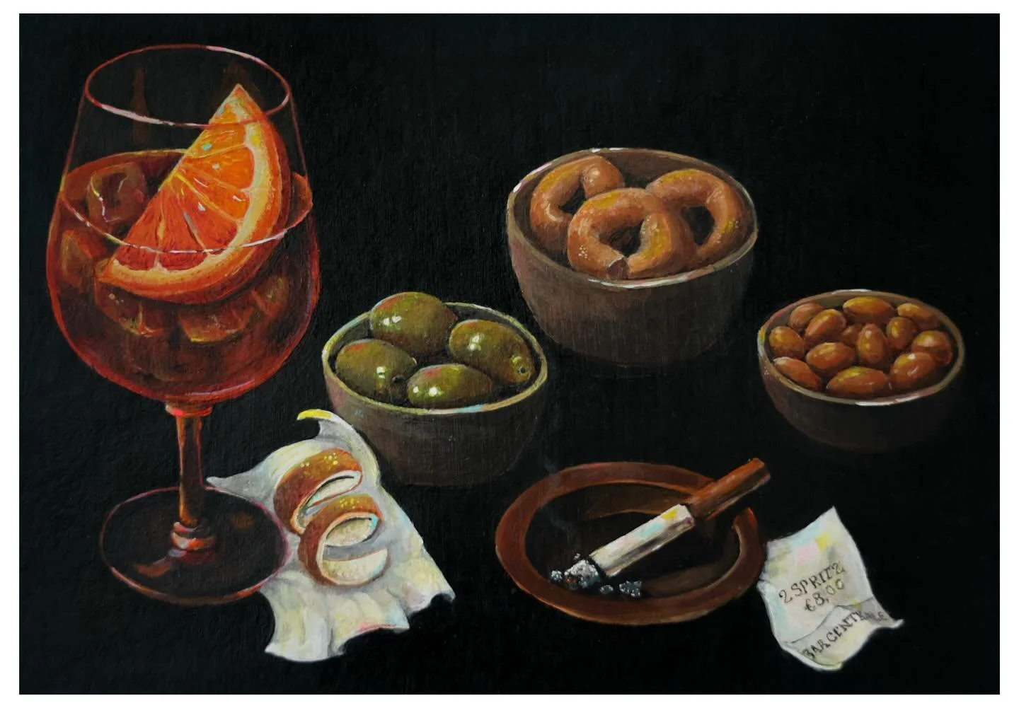 It&rsquo;s 6pm in Veneto. There&rsquo;s magic in a cold Spritz and a handful of olives. Aperitivo belongs to everyone.

Original acrylic painting on paper.