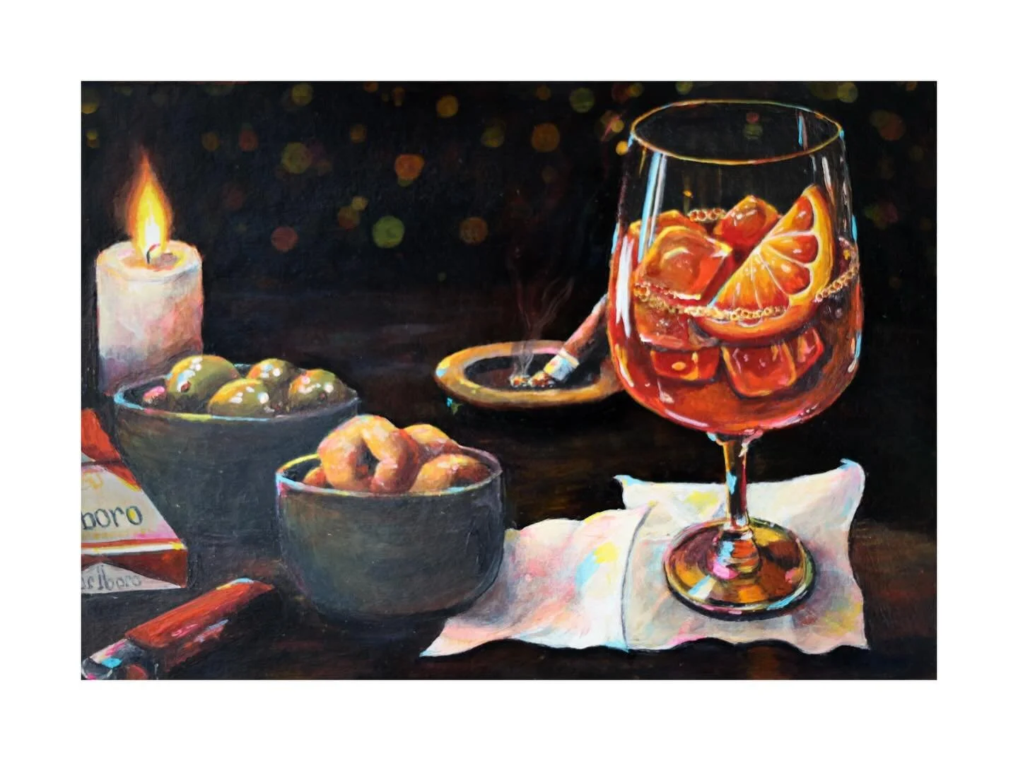 &ldquo;Ancora un Po&rsquo;&rdquo; 

Capturing the particular magic of *staying*. Just one more so you can finish catching up. The olives, the taralli, the Spritz glowing amber in the low light &mdash; these aren&rsquo;t just merende. They&rsquo;re an