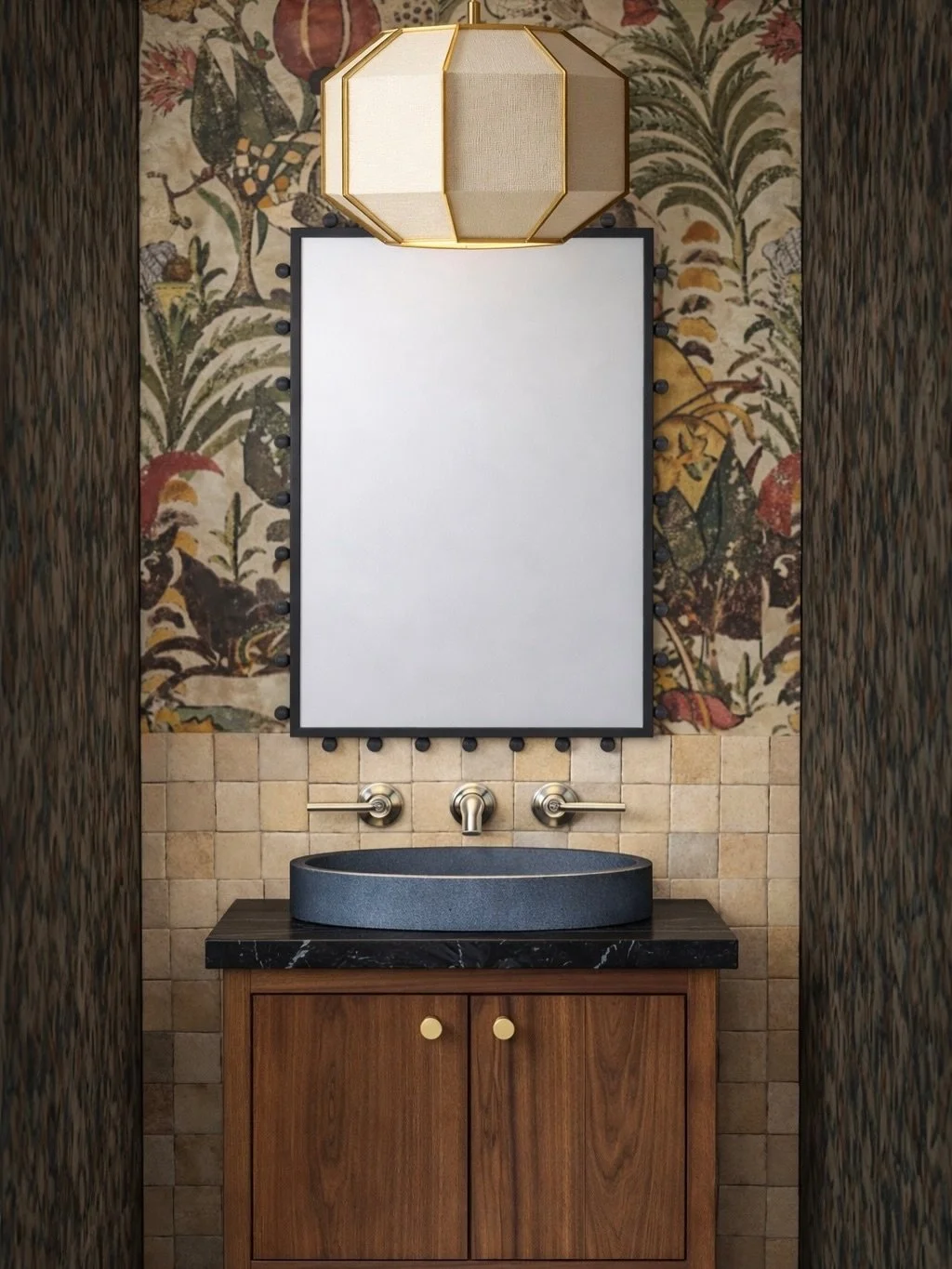 Powder room renderings for our Artful Comfort renovation project.
We took this space two ways - Which wallpaper gets your vote?