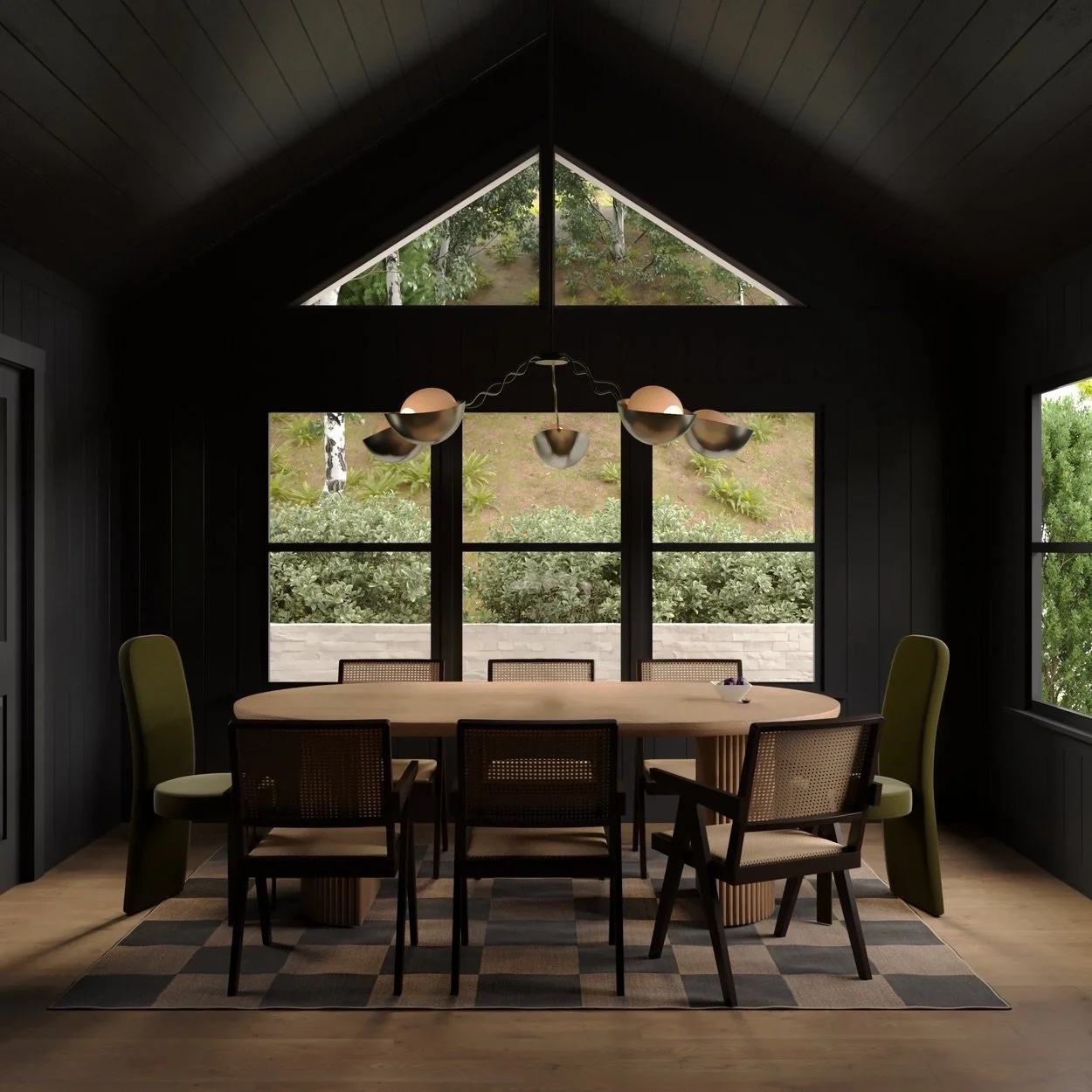 Something about a dark, warm space just feels so grounded. Paired with the geometric architecture, the organic shapes were the perfect contrast.