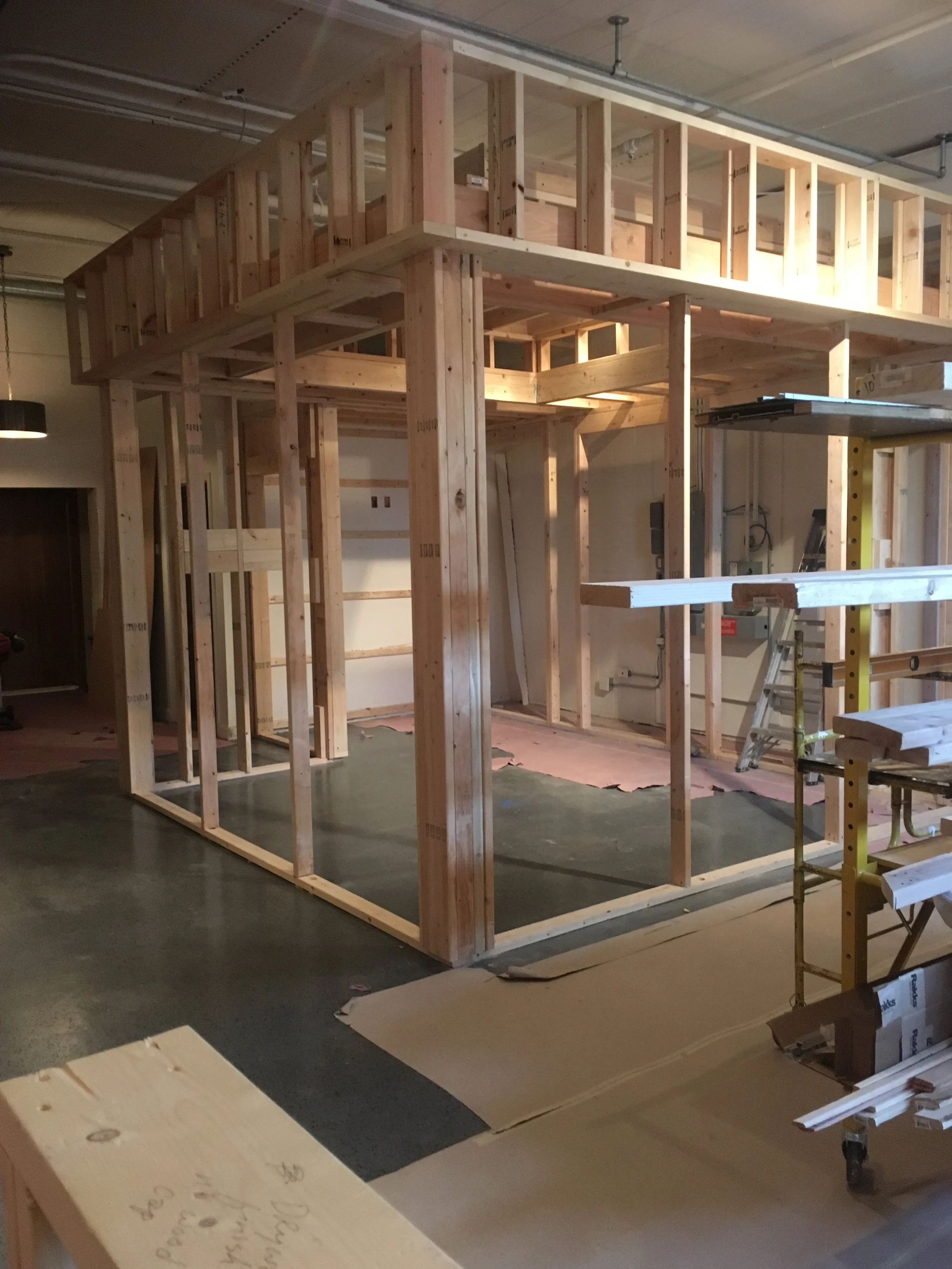 Conference room build with overhanging soffit