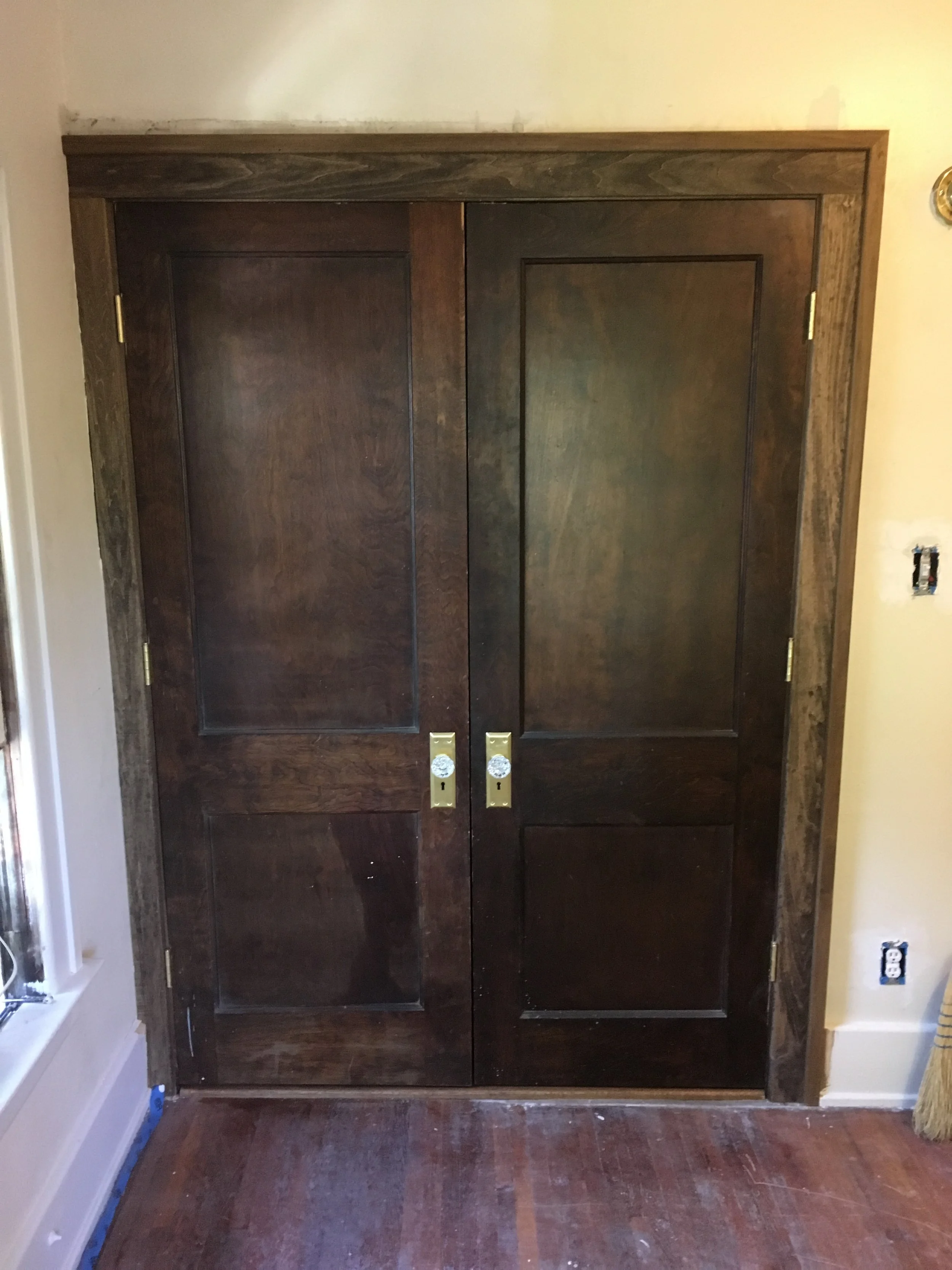 Closet door install with resized opening, jamb and salvaged doors