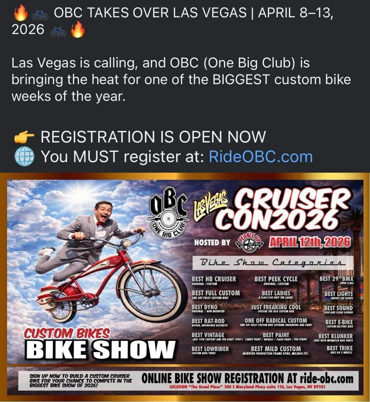 Las Vegas Cruiser Con2026 Custom Bike Show One Big Club April 12th 2026