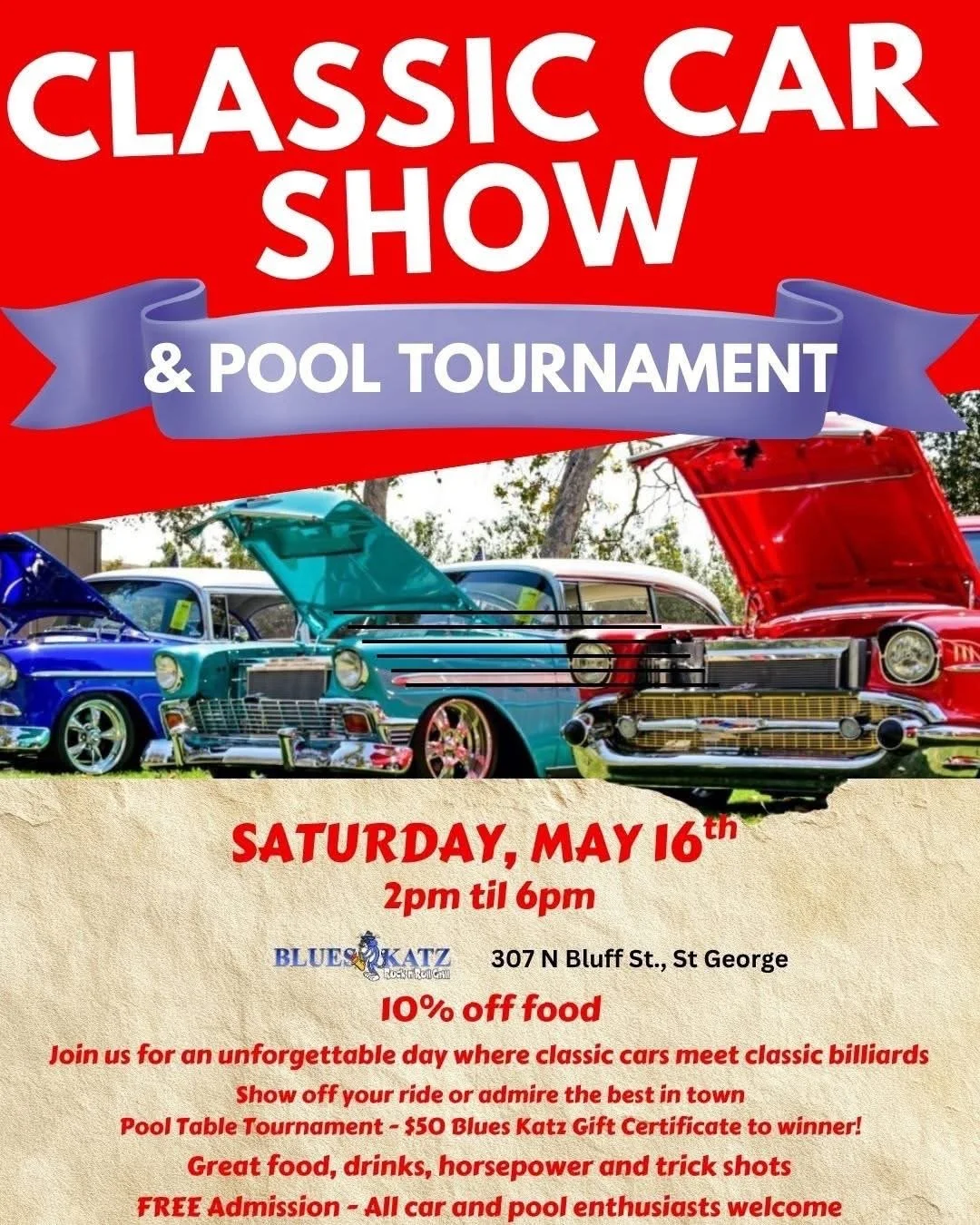 Classic Car Show and Pool Tournatment Blues Katz may 16th 2026