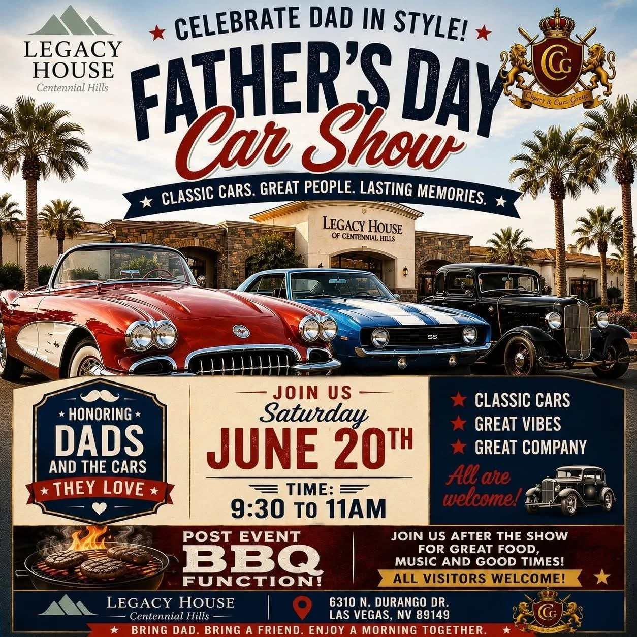 Fathers Day Car Show Cigars and Cars Group Legacy House june 20th 2026
