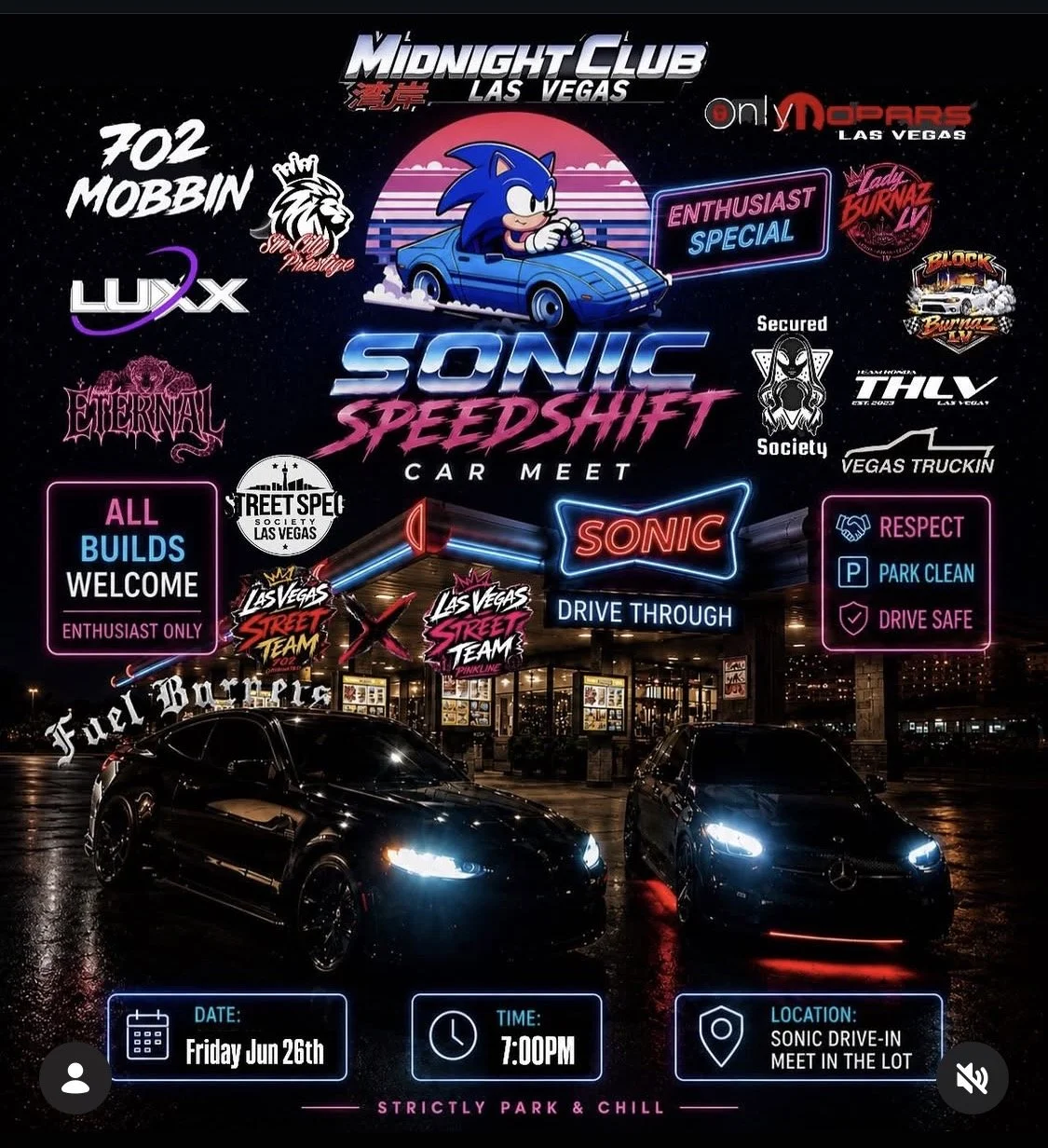 Sonic Speedshift Car Meet Midnight Club Las Vegas june 26th 2026