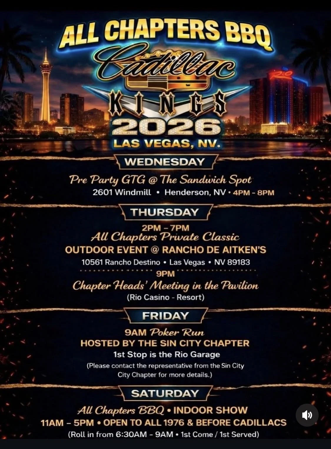 Cadillac Kings 2026 All Chapter BBQ Pre Party GTG The Sandwich Spot apr 8th 2026