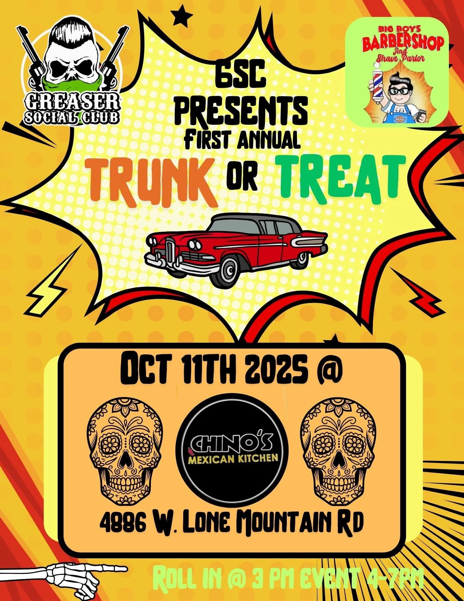6SC Presents First Annual Trunk or Treat at Chinos Mexican Kitchen Greaser Social Club Big Boys Barbershop oct 11th 2025
