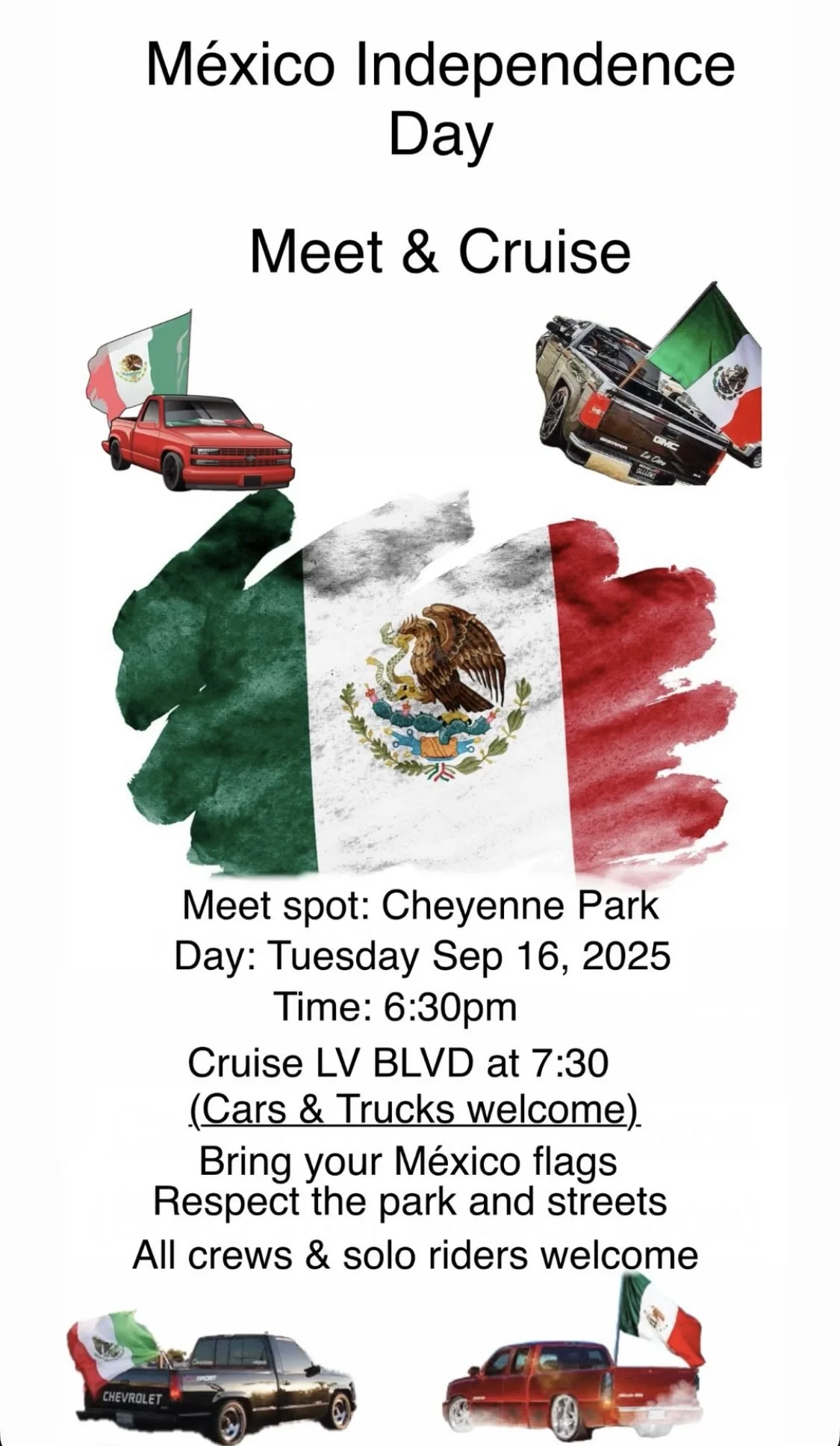 Mexico Independence Day Meet and Cruise Cheyenne Park sep 16th 2025