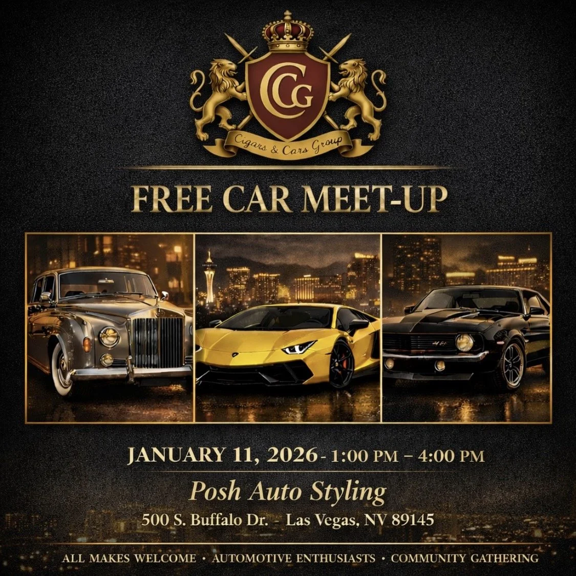 Free Car Meet Up Cigars and Cars Group Posh Auto Styling jan 11th 2026
