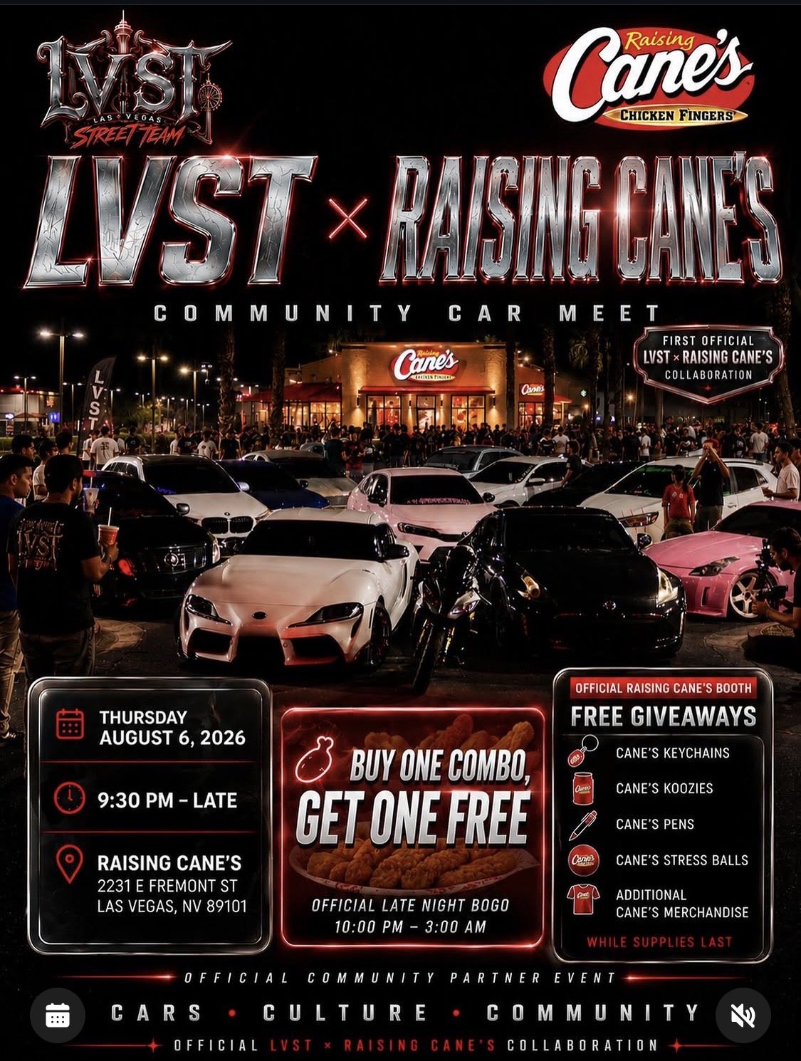 LVST Raising Canes Community Car Meet august 6th 2026
