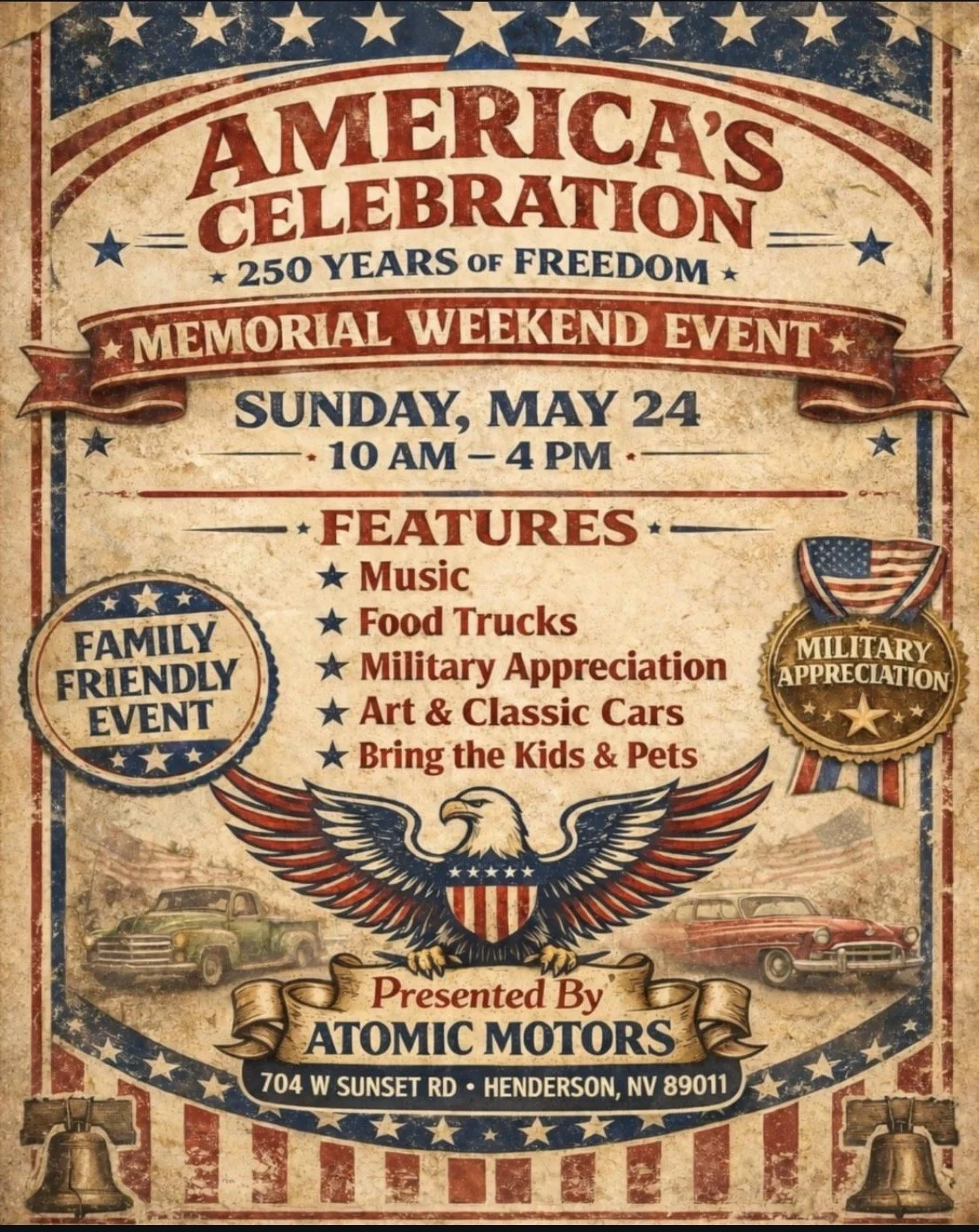 Americas Celebration Memorial Day Weekend Atomic Motors may 24th 2026