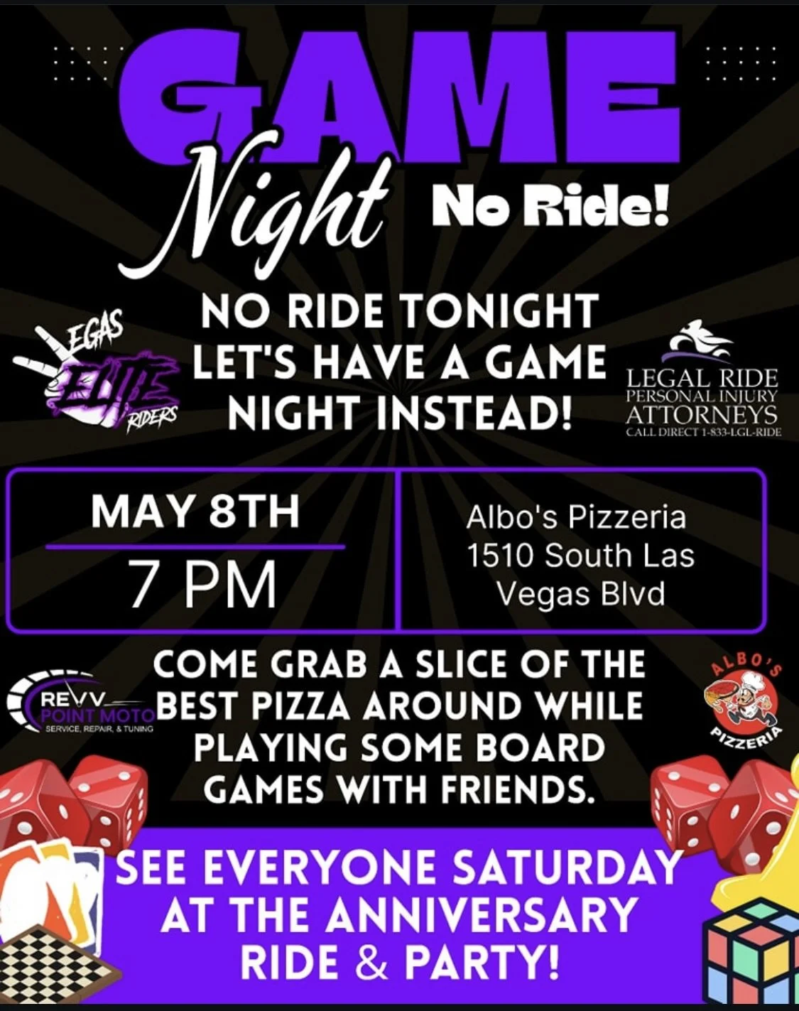 Game Night No Ride Vegas Elite Riders Legal Ride Albos Pizzeria May 8th 2025