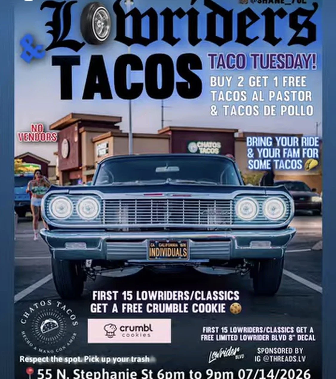Lowriders and Tacos Taco Tuesday Chatos Tacos july 14th 2026