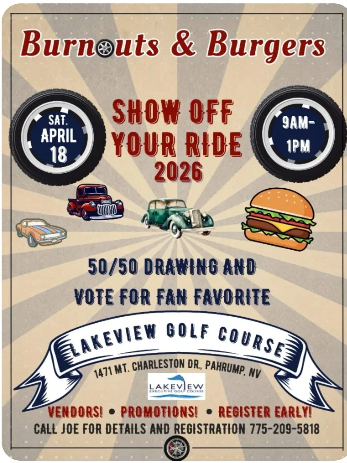 Burouts and Burgers Show Off Your Ride 2026 Lakeview Golf Course apr 18th 2026