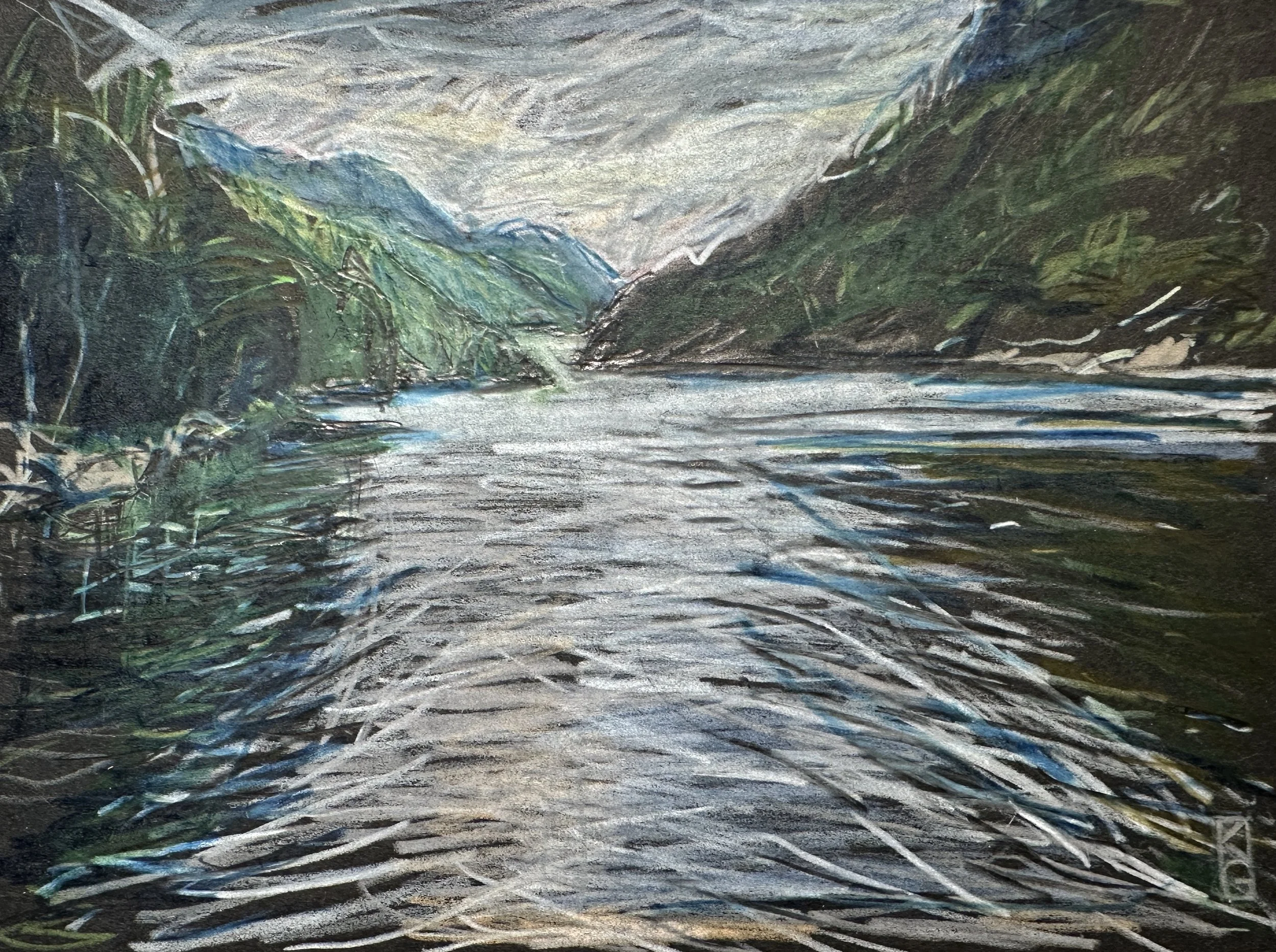 Cascade Lake, early morning / Colored pencil on paper / 6x8" / 2025