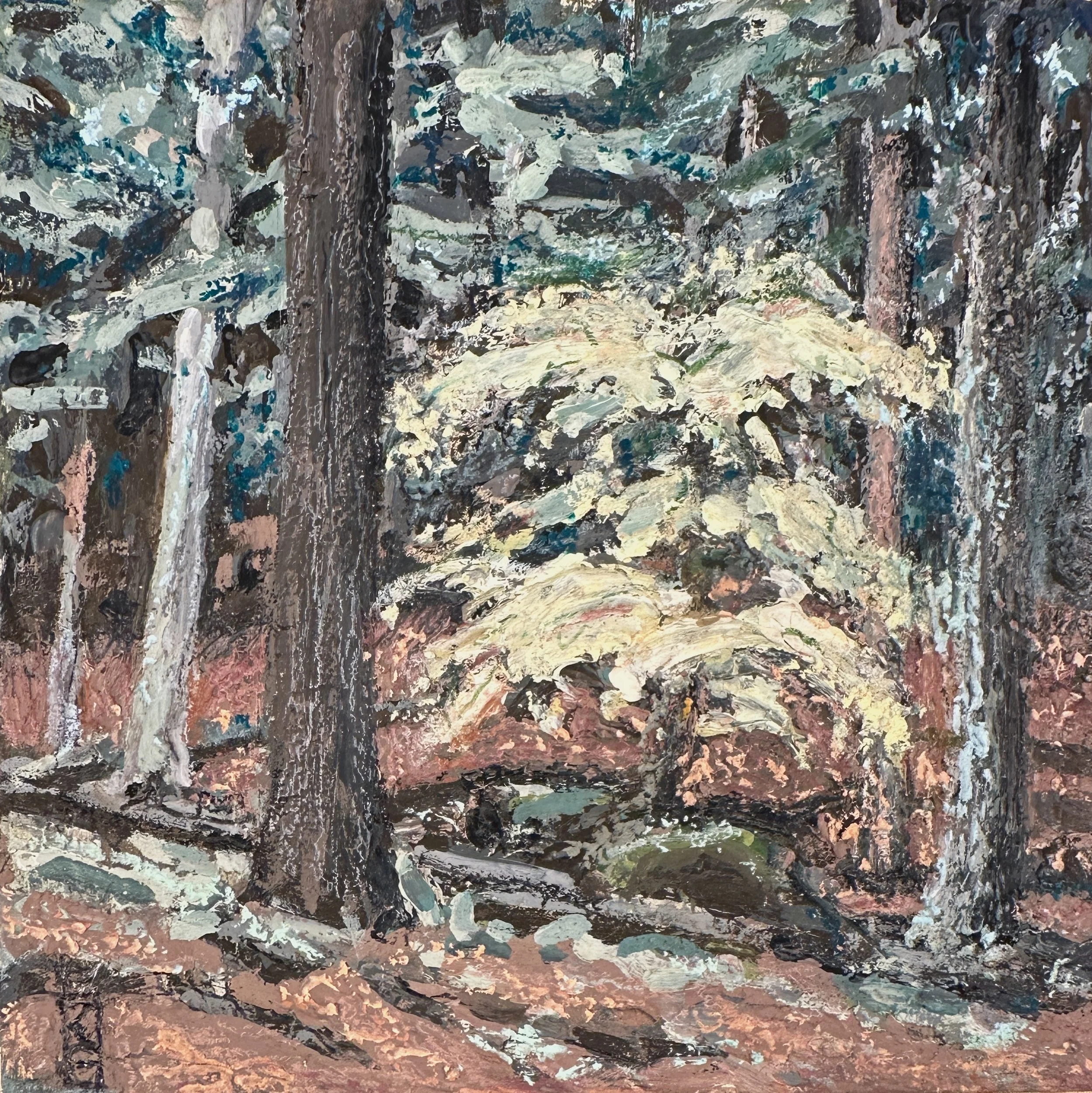 Lighting the darkness (along Johns Brook) / MIxed media on clay board / 5x5" / 2025