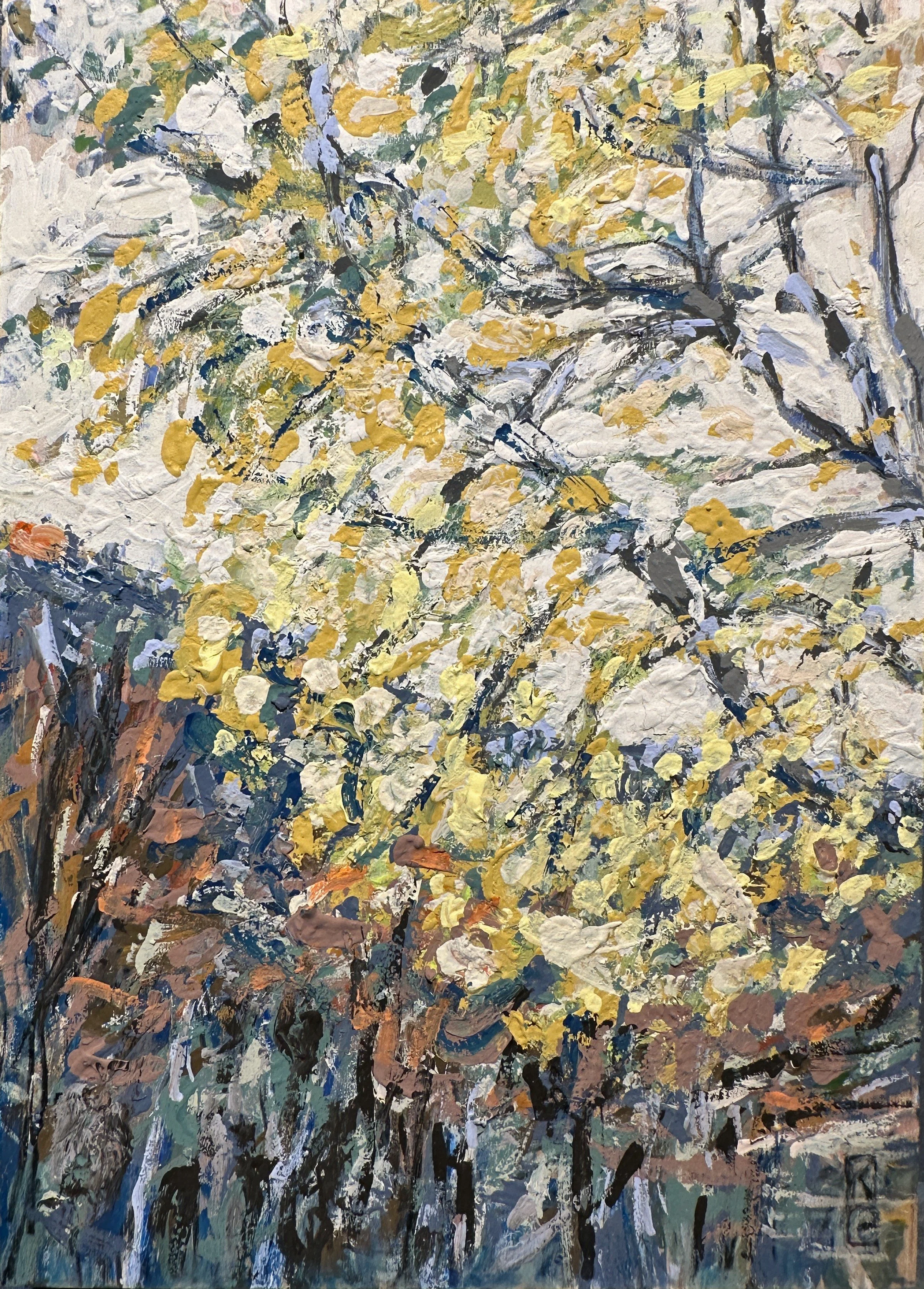 Morning gold (from Chapel Pond) / Gouache and pencil on paper / 2026