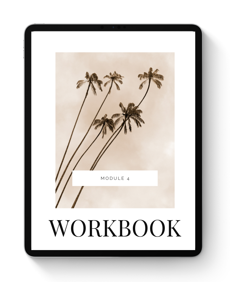 Digital tablet displaying a cover page with an illustration of five palm trees and the text 'MODULE 4 WORKBOOK'.
