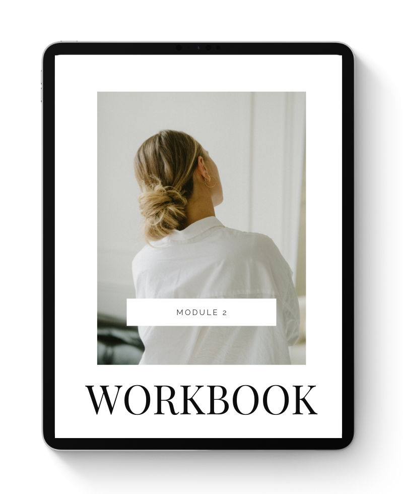 Digital tablet screen displaying a workbook cover titled "Module 2 Workbook" with a photo of a woman with blonde hair tied in a loose bun, viewed from behind, wearing a white shirt.