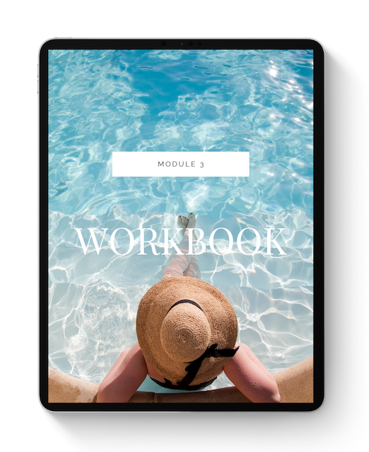 A person relaxing in a swimming pool with a sunhat, viewed on a tablet screen with the text 'Module 3 Workbook' overlayed on a pool background.