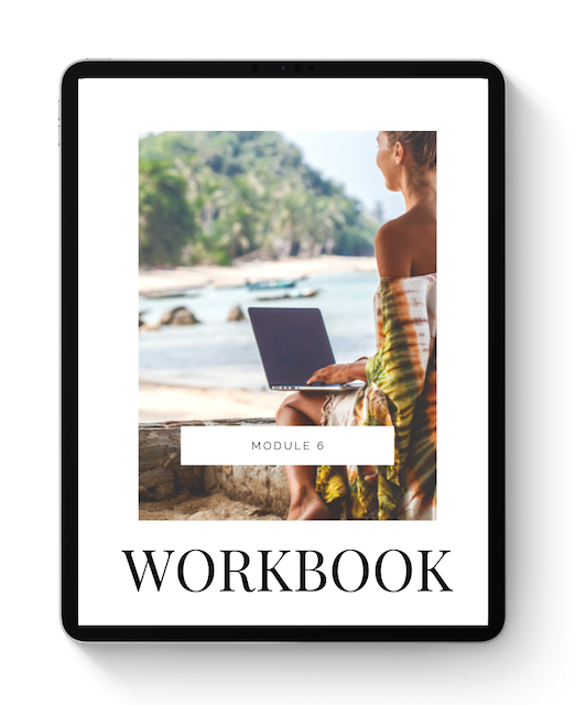 eBook cover featuring a woman sitting outdoors near a beach, using a laptop, with trees and boats in the background, titled 'Module 6 Workbook'.
