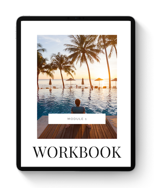 Digital workbook cover featuring a person sitting by an infinity pool with a view of palm trees and umbrellas at sunset.