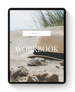 Tablet displaying an outdoor scene with sand, rocks, and tall grass, titled 'MODULE 7 WORKBOOK'