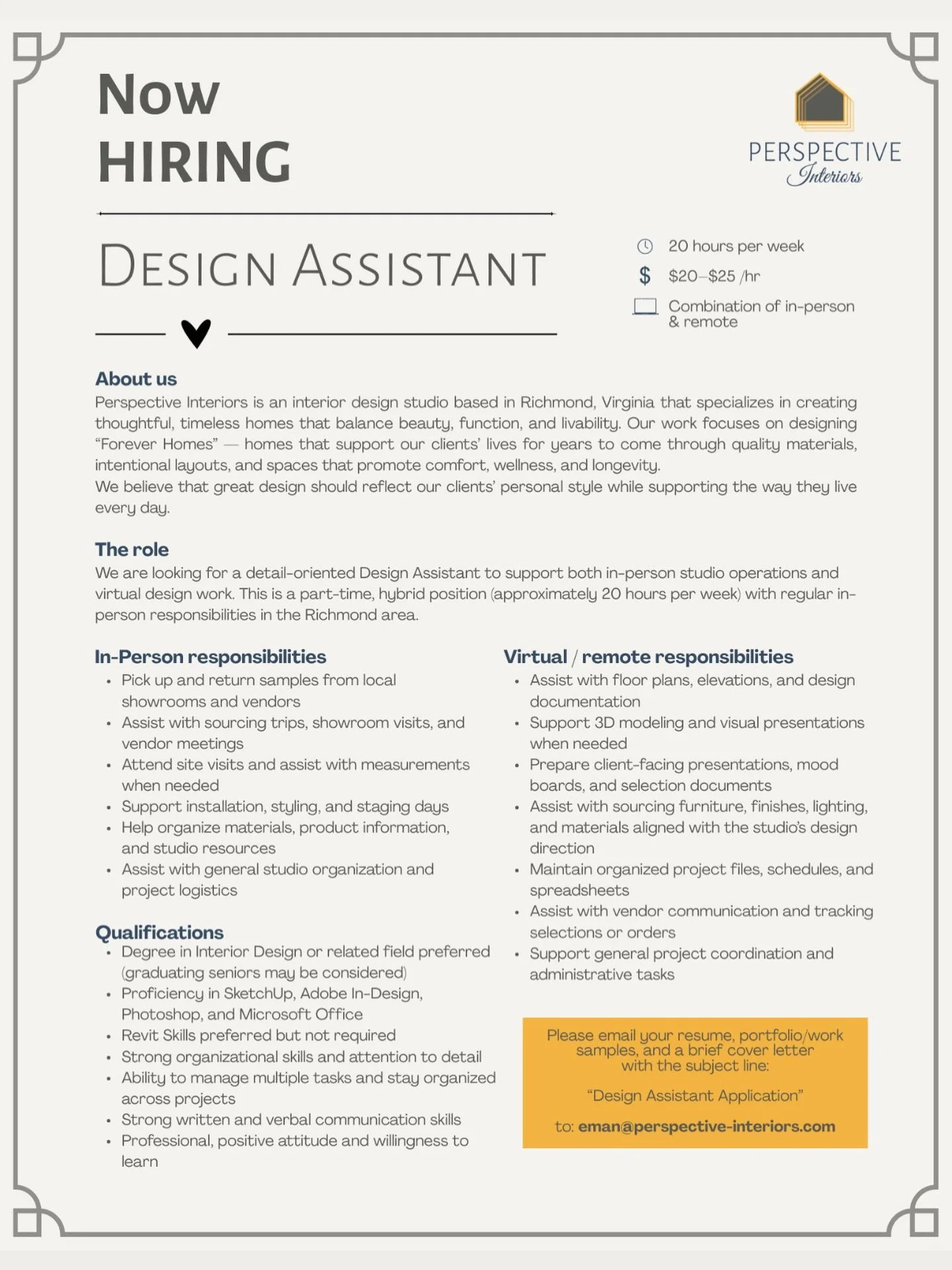 Exciting news - our studio is growing!

If you&rsquo;re passionate about design, detail-oriented, and eager to be part of creating meaningful spaces, we&rsquo;d love to hear from you.

#PerspectiveInteriors #ForeverHomes #RichmondInteriorDesigner #RV