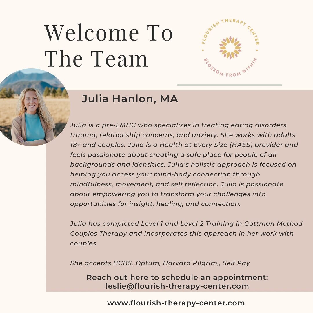 Welcome to the team Julia! 
🌸🌸

Julia is now accepting new clients for telehealth sessions. She specializes in treating eating disorders, trauma, relationship issues and anxiety.

In her free time, Julia loves spending time with her friends and fam