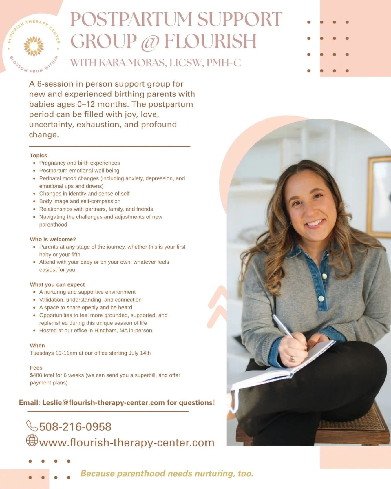 You deserve support too! 🌸

Kara Moras, is perinatal mental health certified, and is passionate about leading this in-person postpartum group. 👶

Please reach out to us directly if you have questions or are interested!

Leslie@flourish-therapy-cent