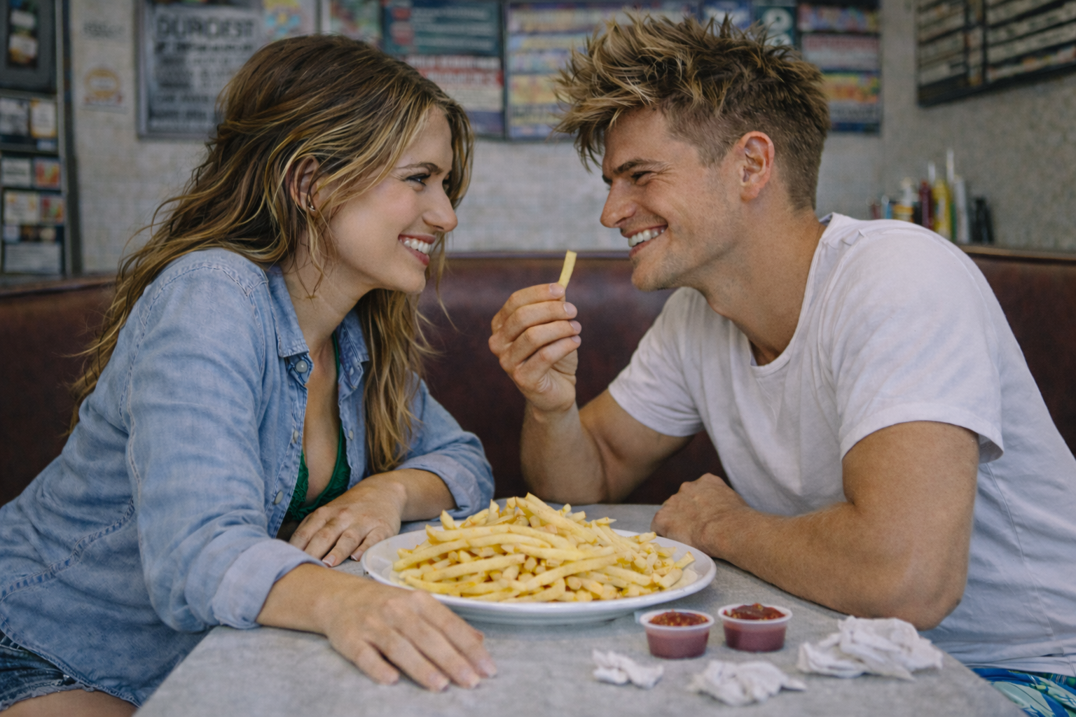 A young woman and man are smiling and looking at each other across a table in a restaurant. The man is holding a French fry close to her face. There is a plate of French fries and small cups of ketchup on the table.