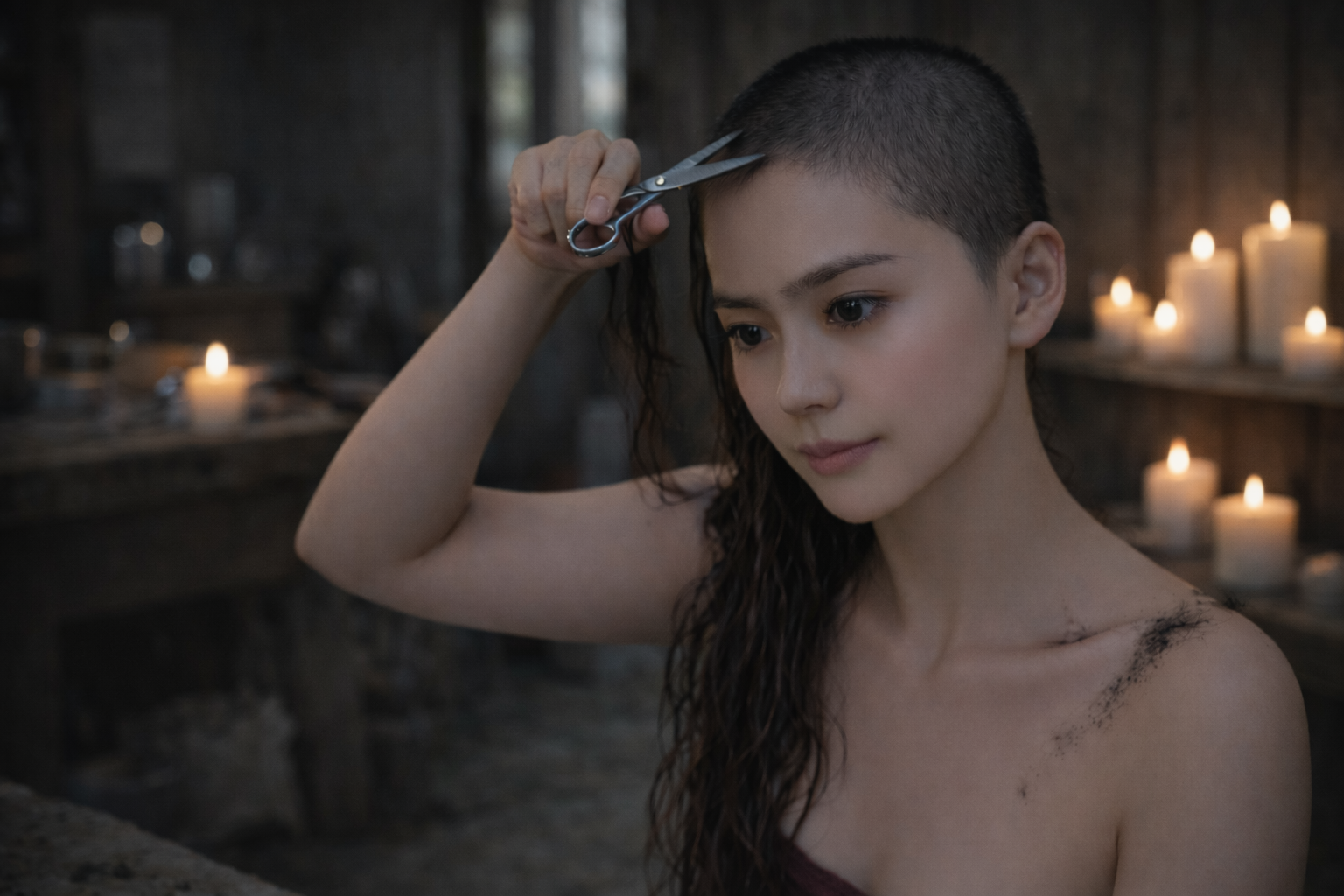 Young woman with short hair cutting her wet hair with scissors in a dimly lit room with lit candles in the background.