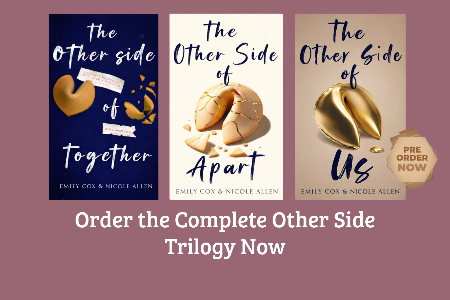 Three book covers from the 'Other Side' trilogy by Emily Cox and Nicole Allen, featuring cookie and egg imagery, with a call to action to preorder the complete trilogy.